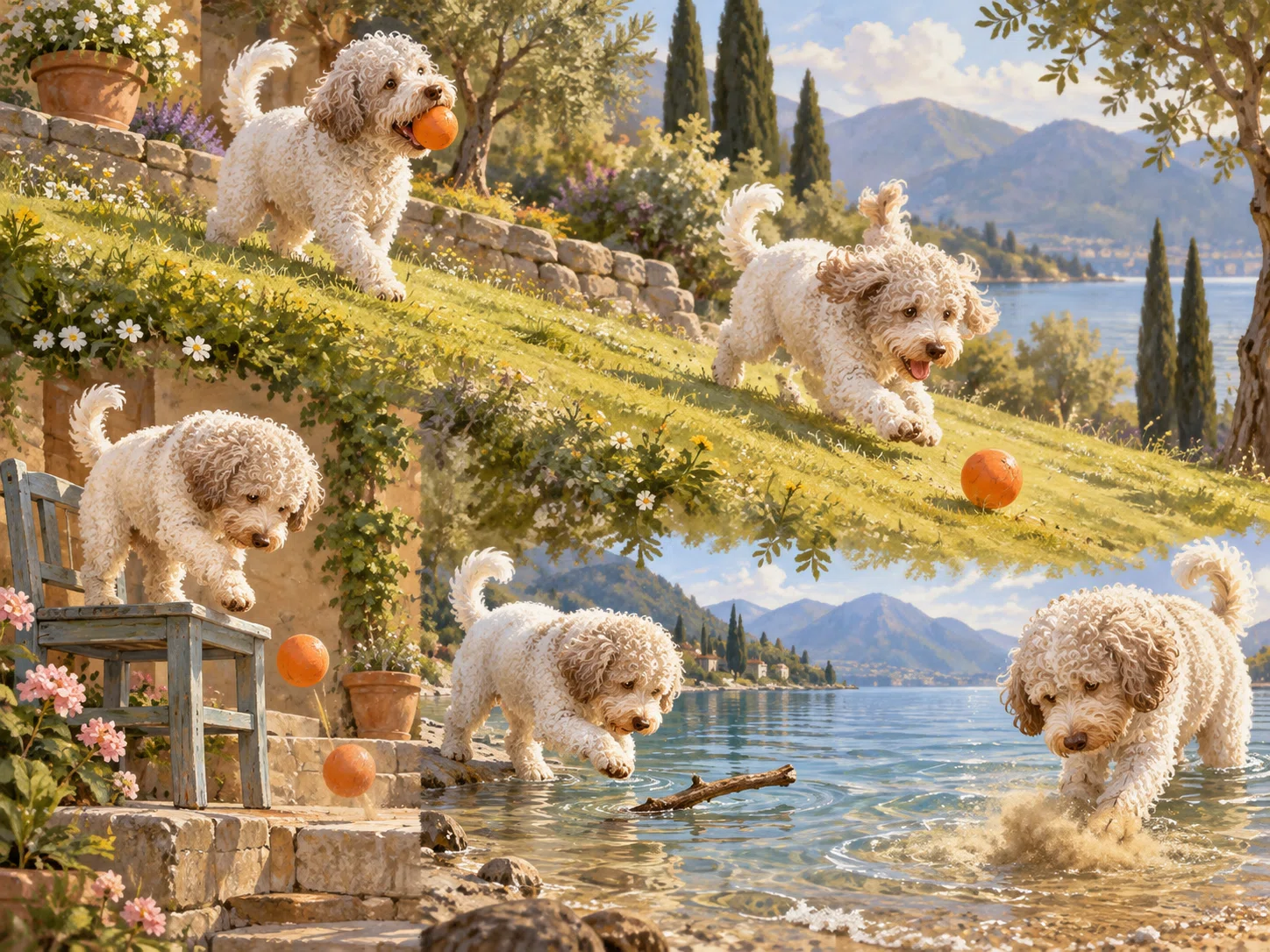 [The Lagotto Dog] A dog playing with a ball and a dog studying a ball ...