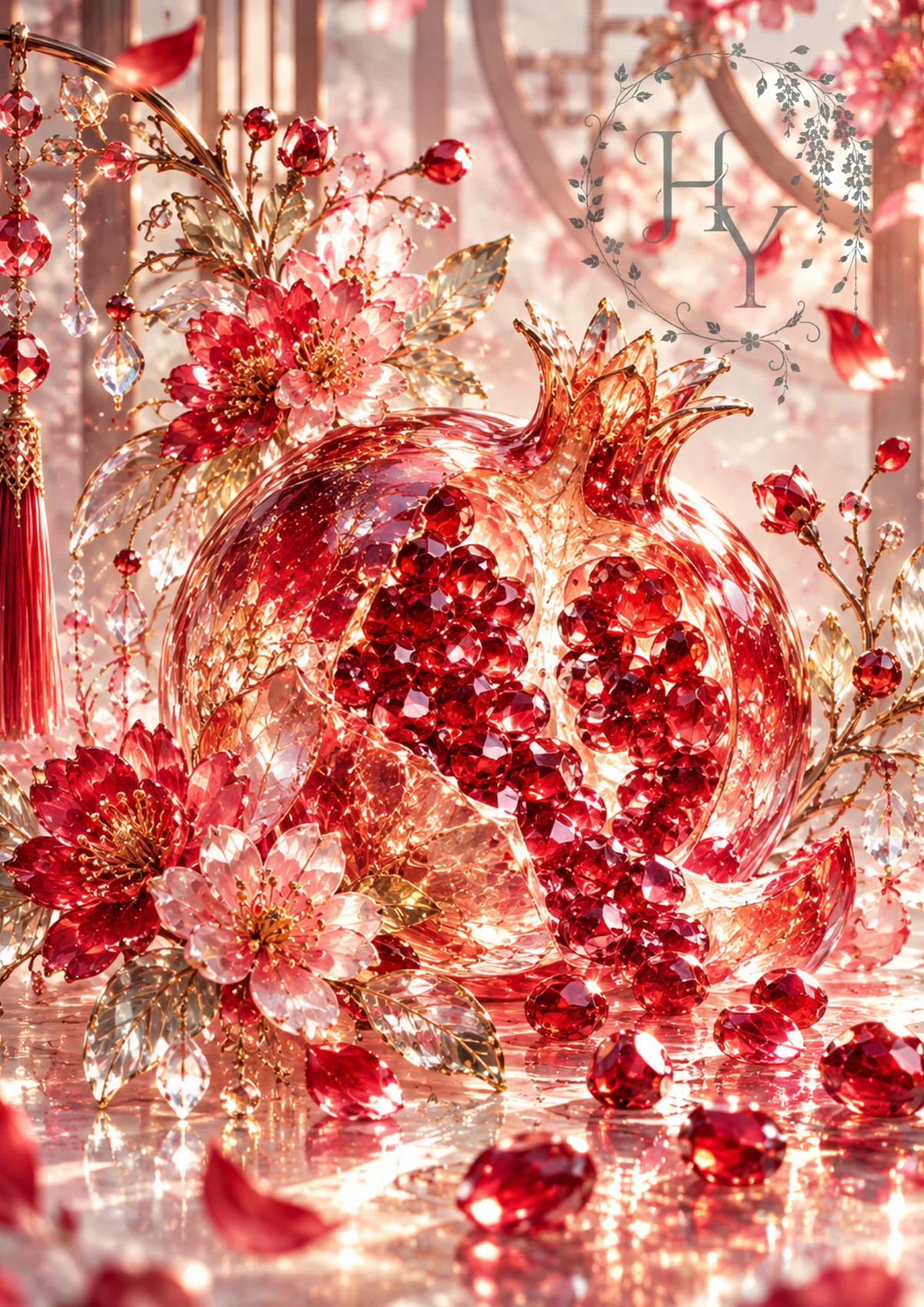 Crimson Pomegranate Auspicious Flower | The Harvest of Red Gems ...