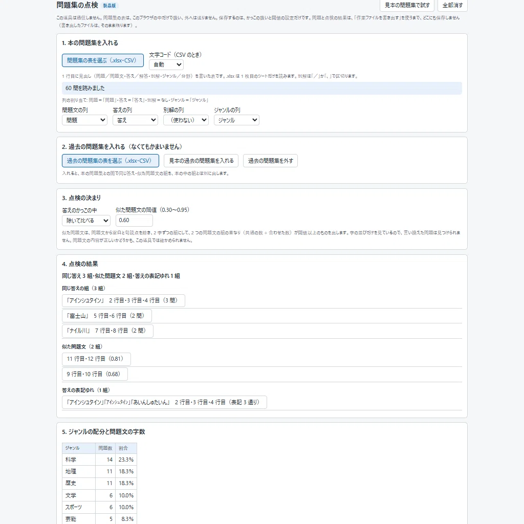クイズの問題集を作る人へ: 同じ答え・似た問題文・過去問との被りを表
