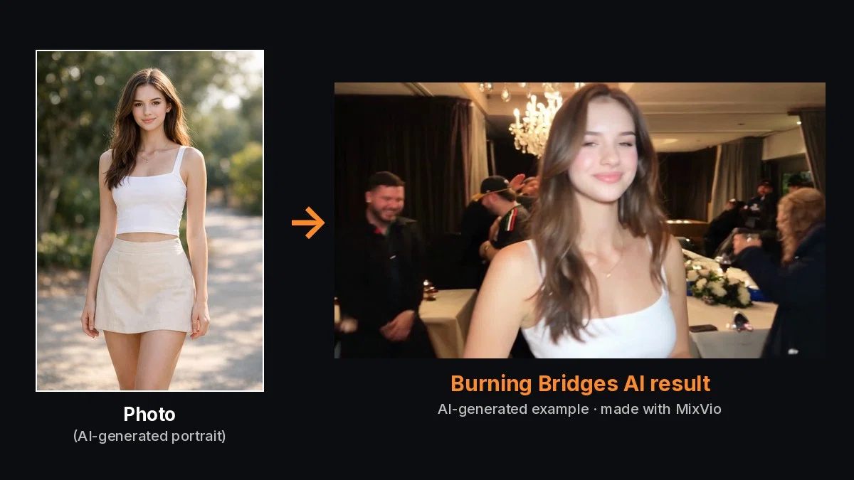 写真1枚で Burning Bridges のパーティー動画に入る方法｜MixVio AI