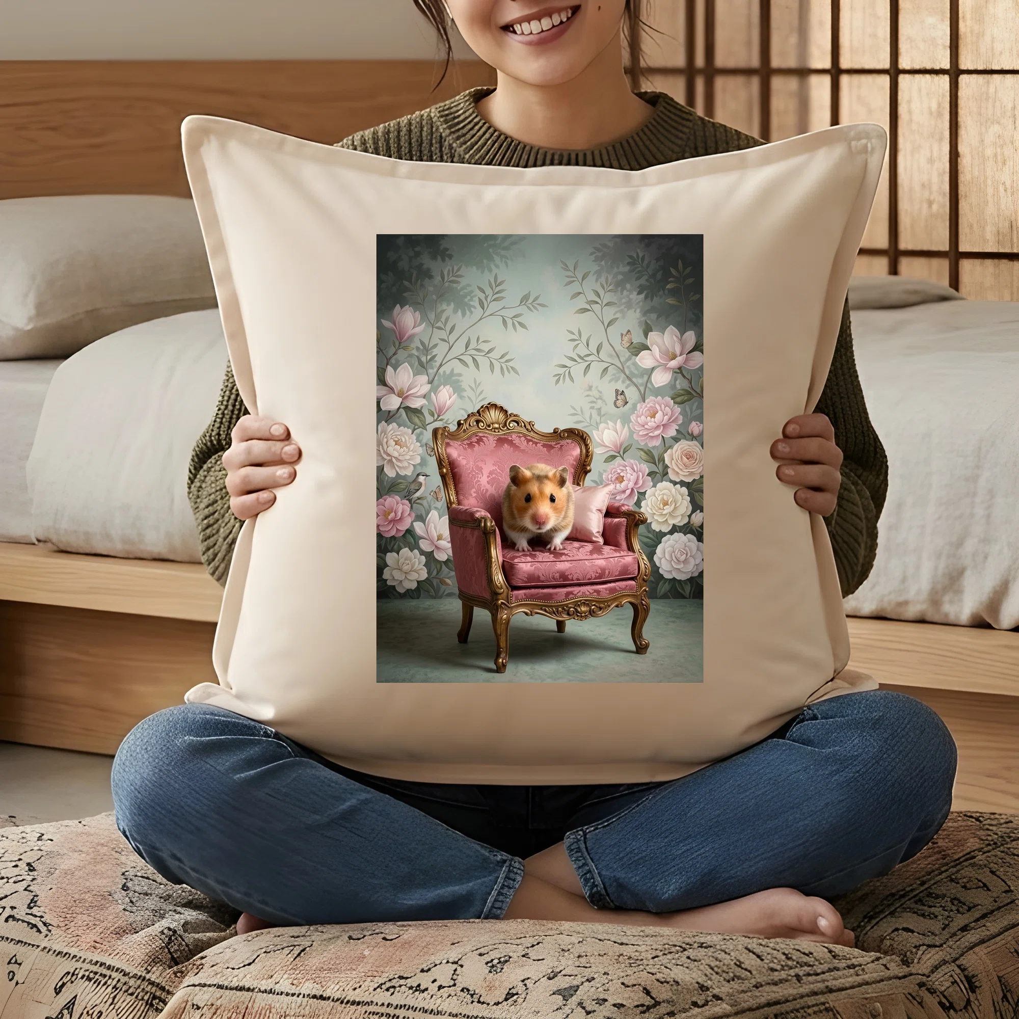 A Rococo-style shabby pink cushion featuring a Syrian hamster is now ...