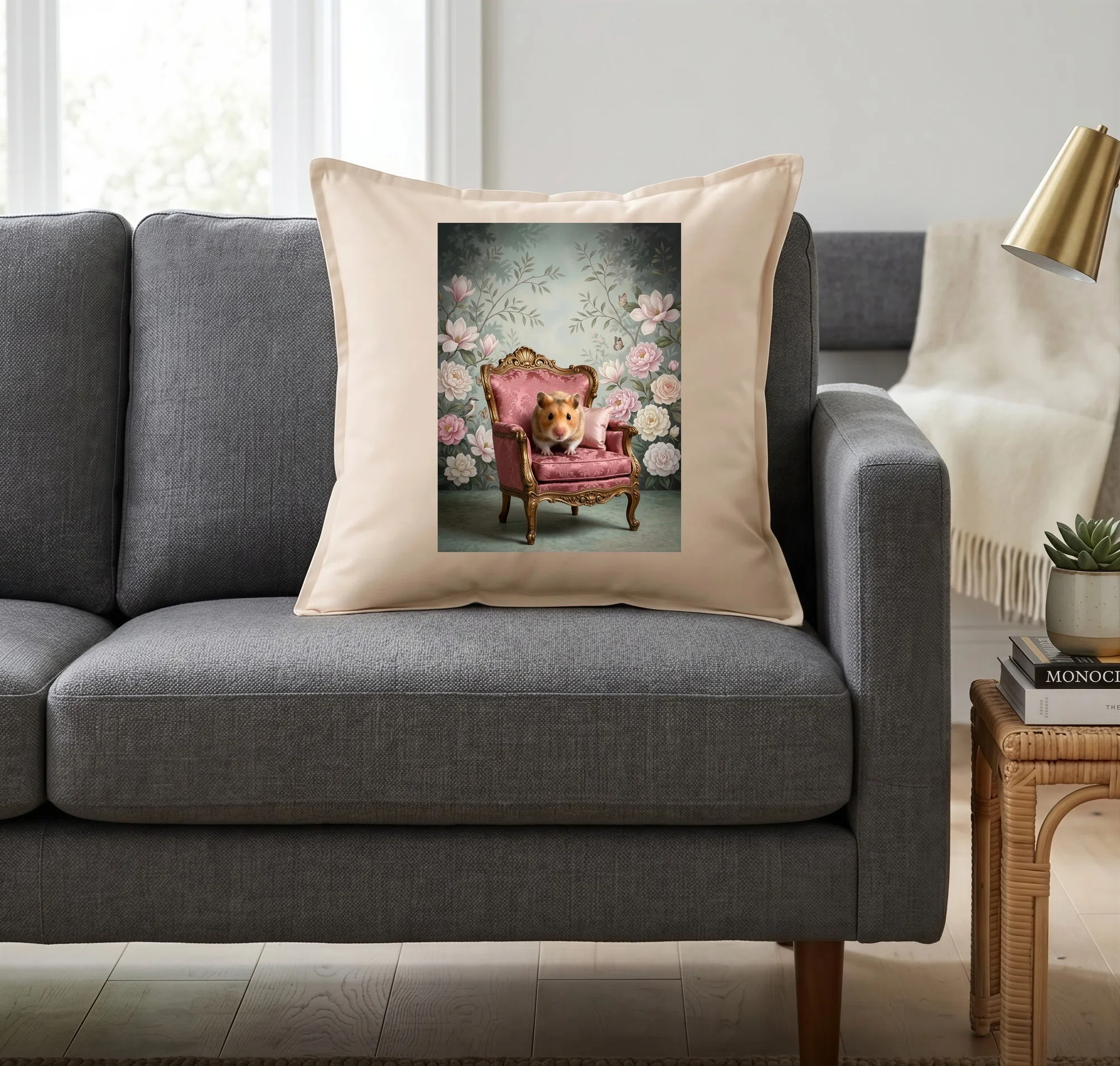 A Rococo-style shabby pink cushion featuring a Syrian hamster is now ...