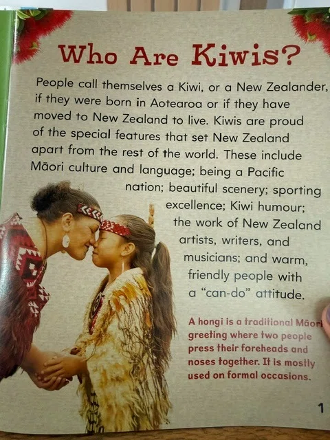 A page from the book Being Kiwi showing an illustration and explanation of a traditional Māori greeting.