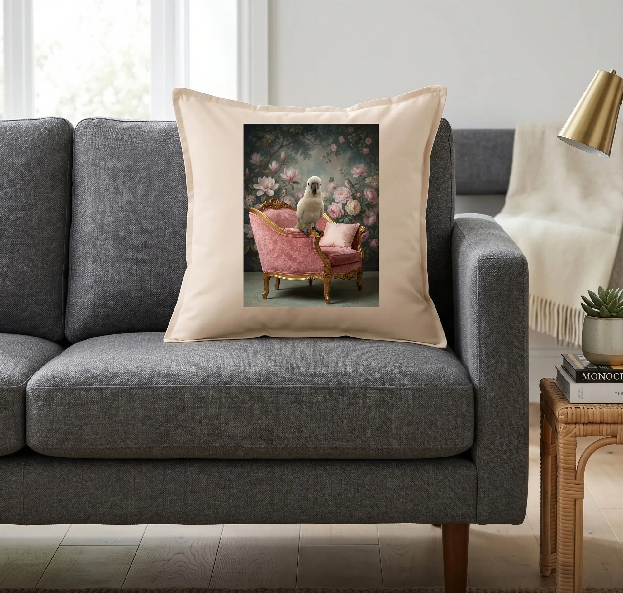 The Sulphur-crested Cockatoo Rococo Shabby Pink Cushion is now ...