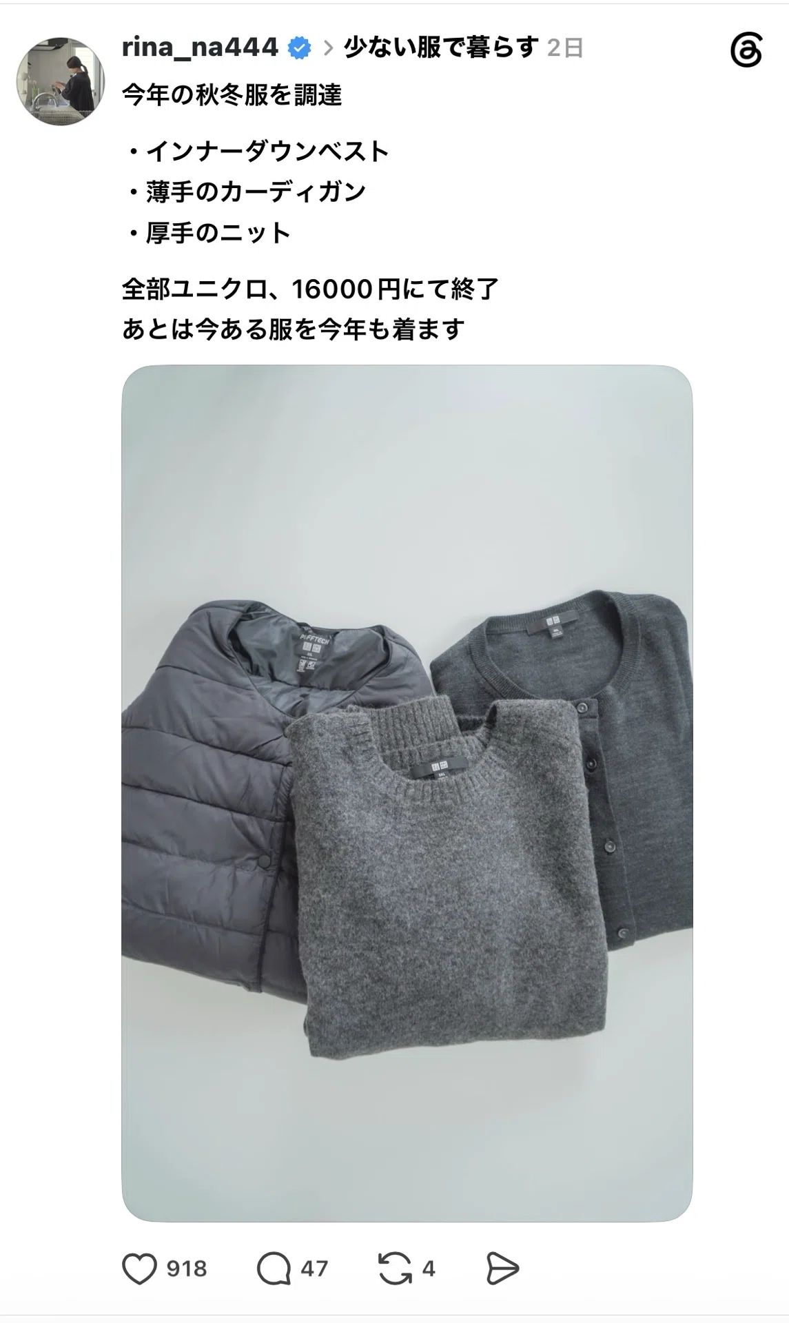 秋冬服はUNIQLOで3着買い足し・16000円で終わり。｜りな ｜ エッセイスト