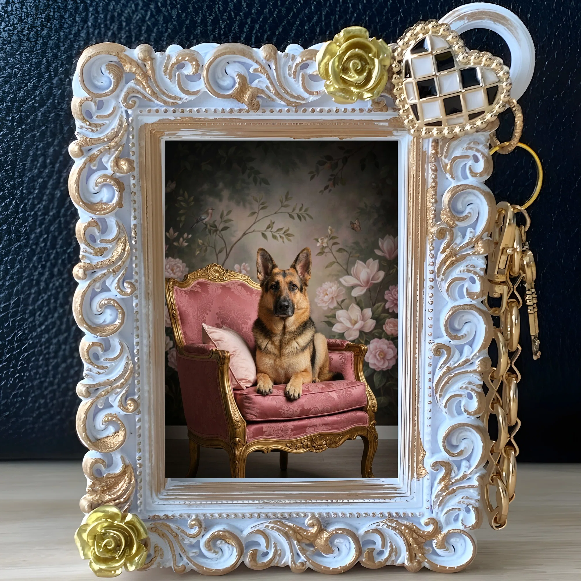 A German Shepherd Rococo-style shabby pink bag charm is now available ...