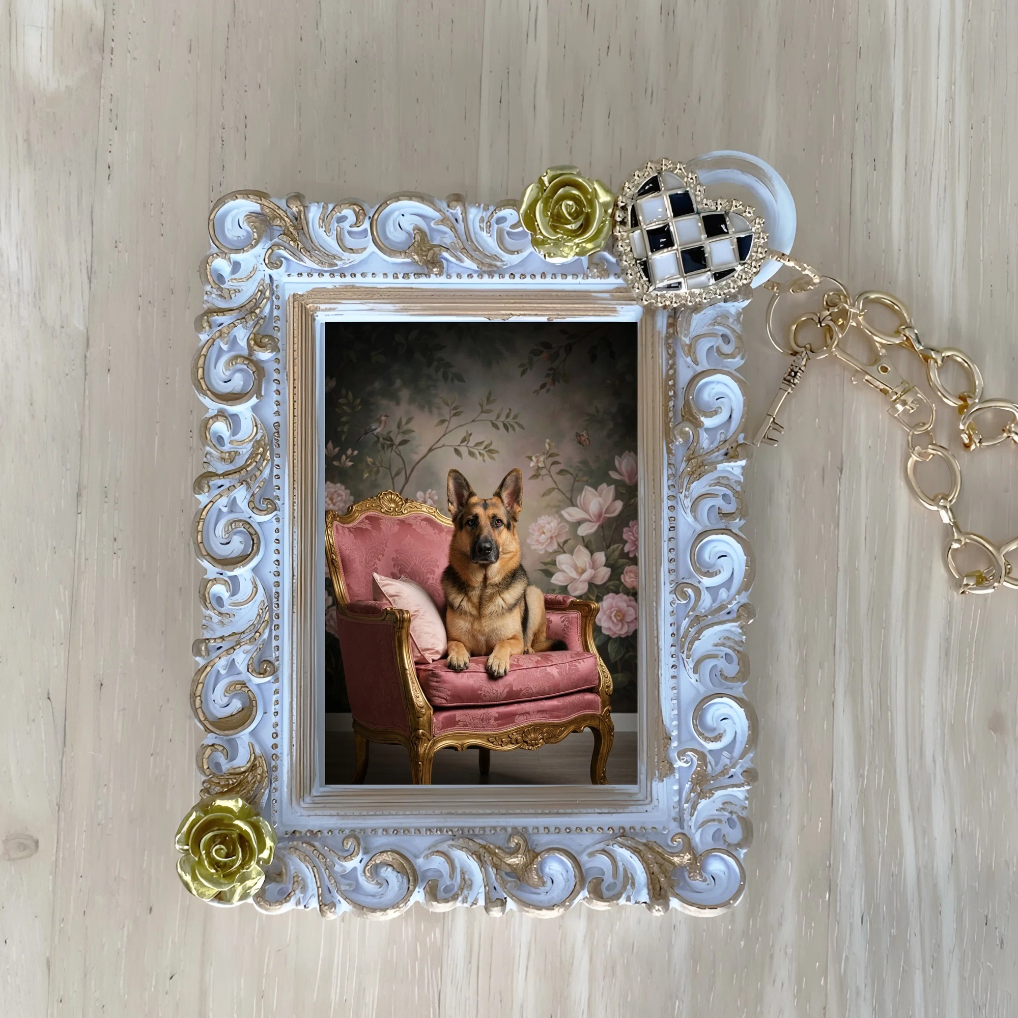A German Shepherd Rococo-style shabby pink bag charm is now available ...