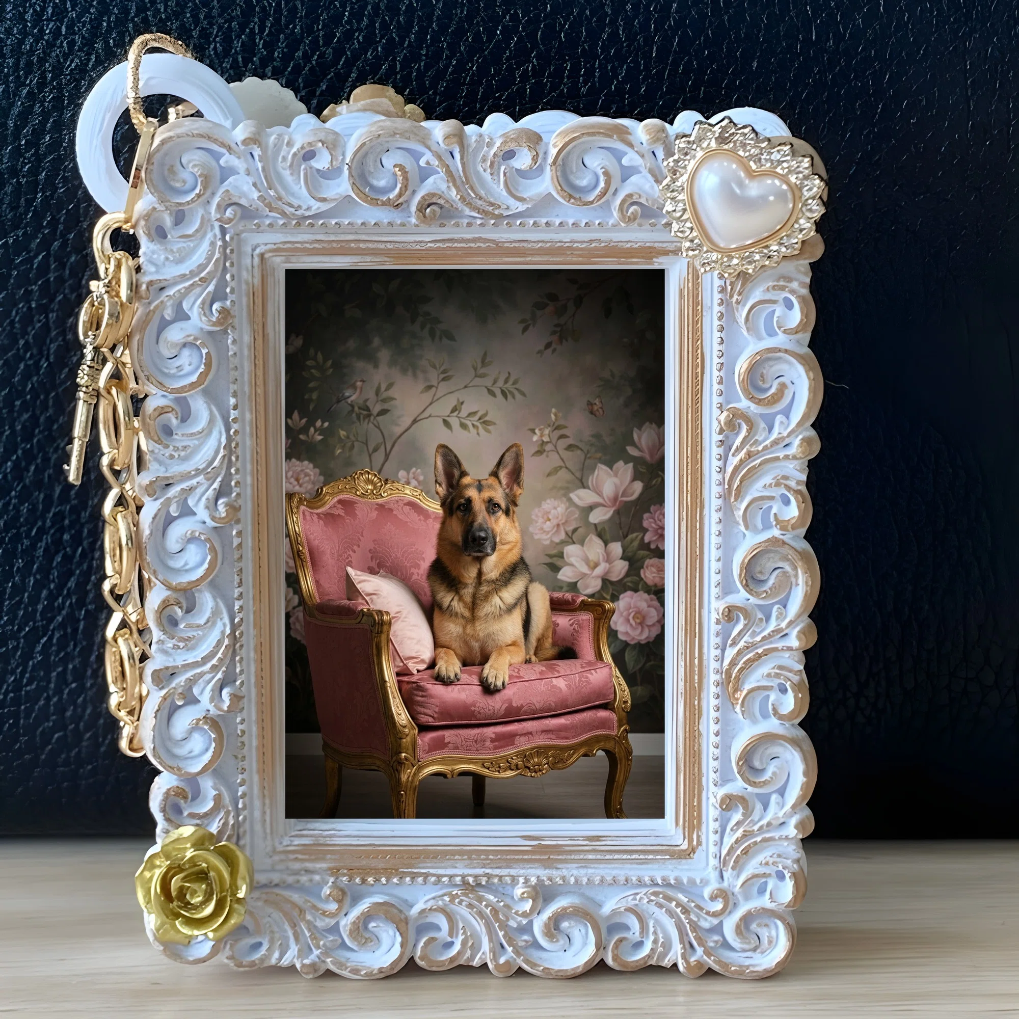 A German Shepherd Rococo-style shabby pink bag charm is now available ...
