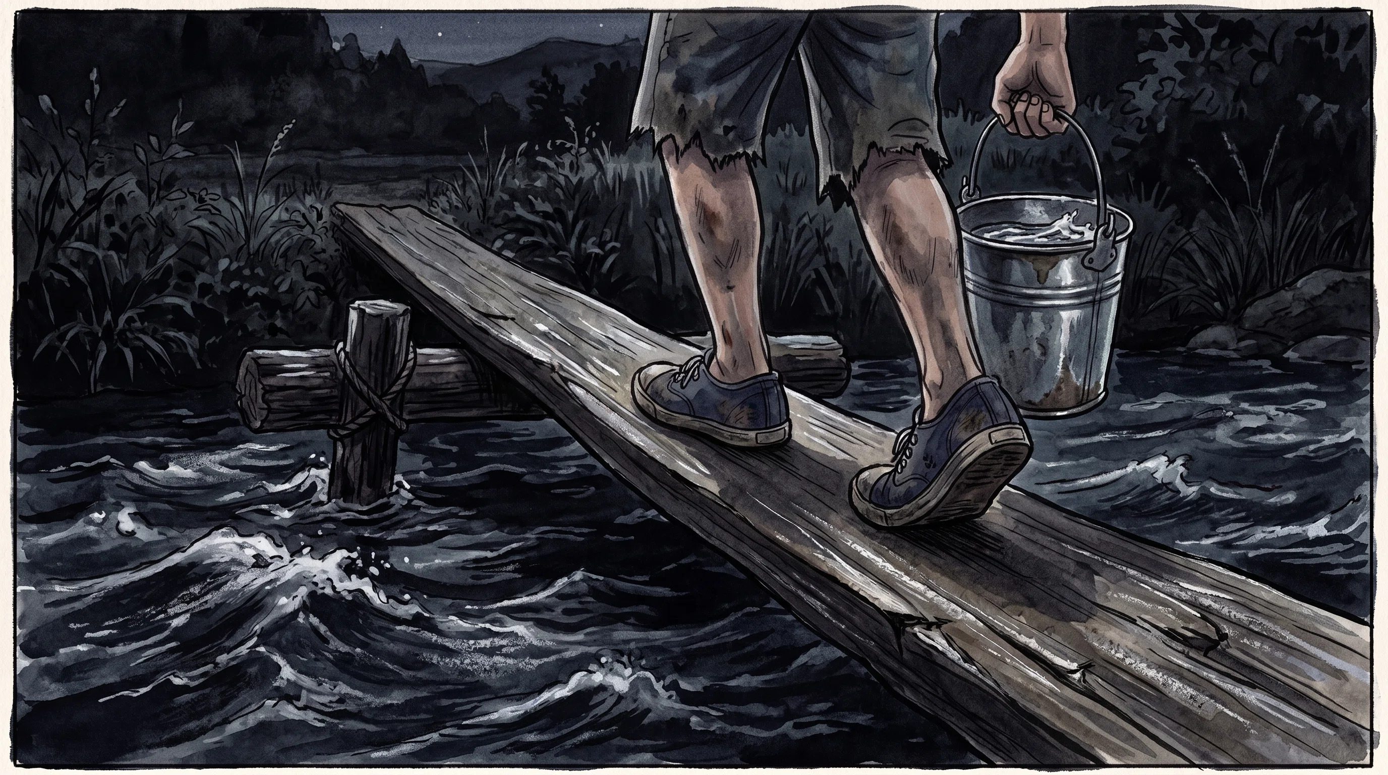 Ghostly fires behind, a black river at my feet—a five-yen bamboo rod ...