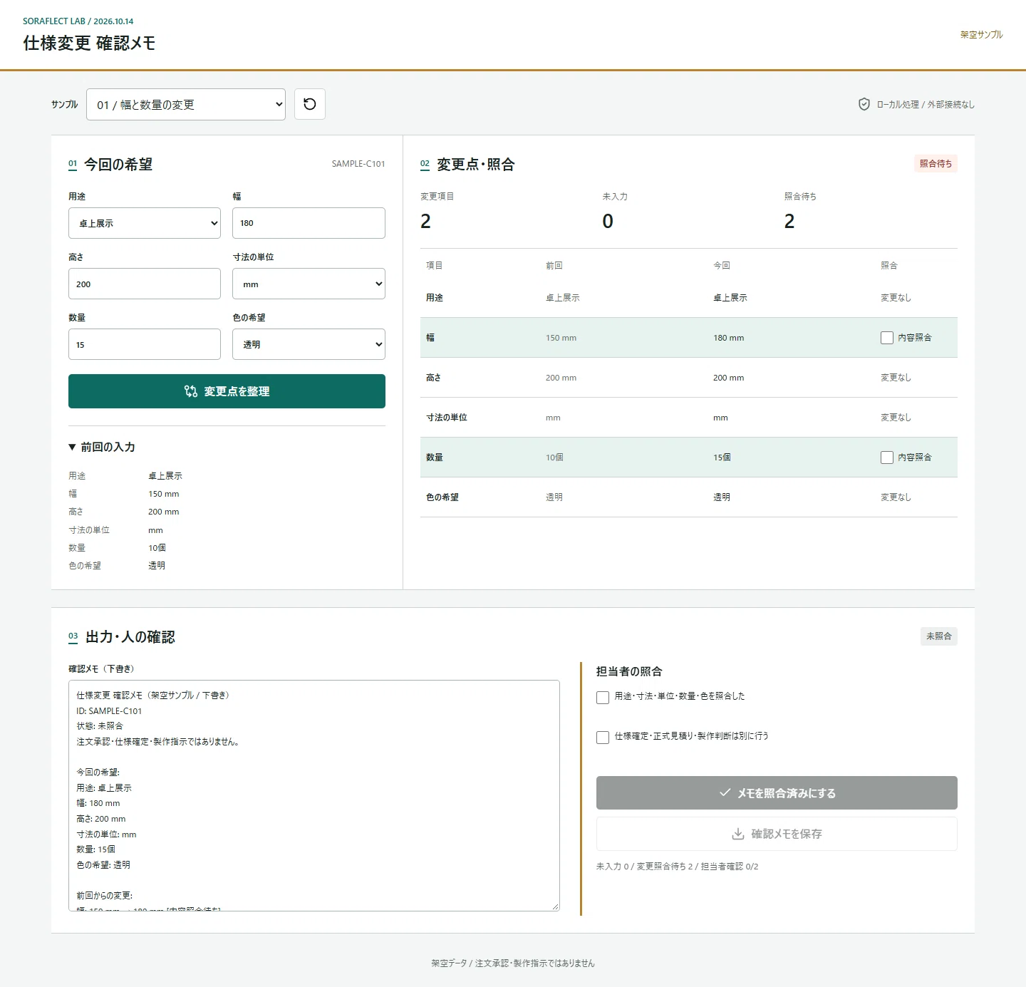 Memo for confirming specification changes, separating item verification ...