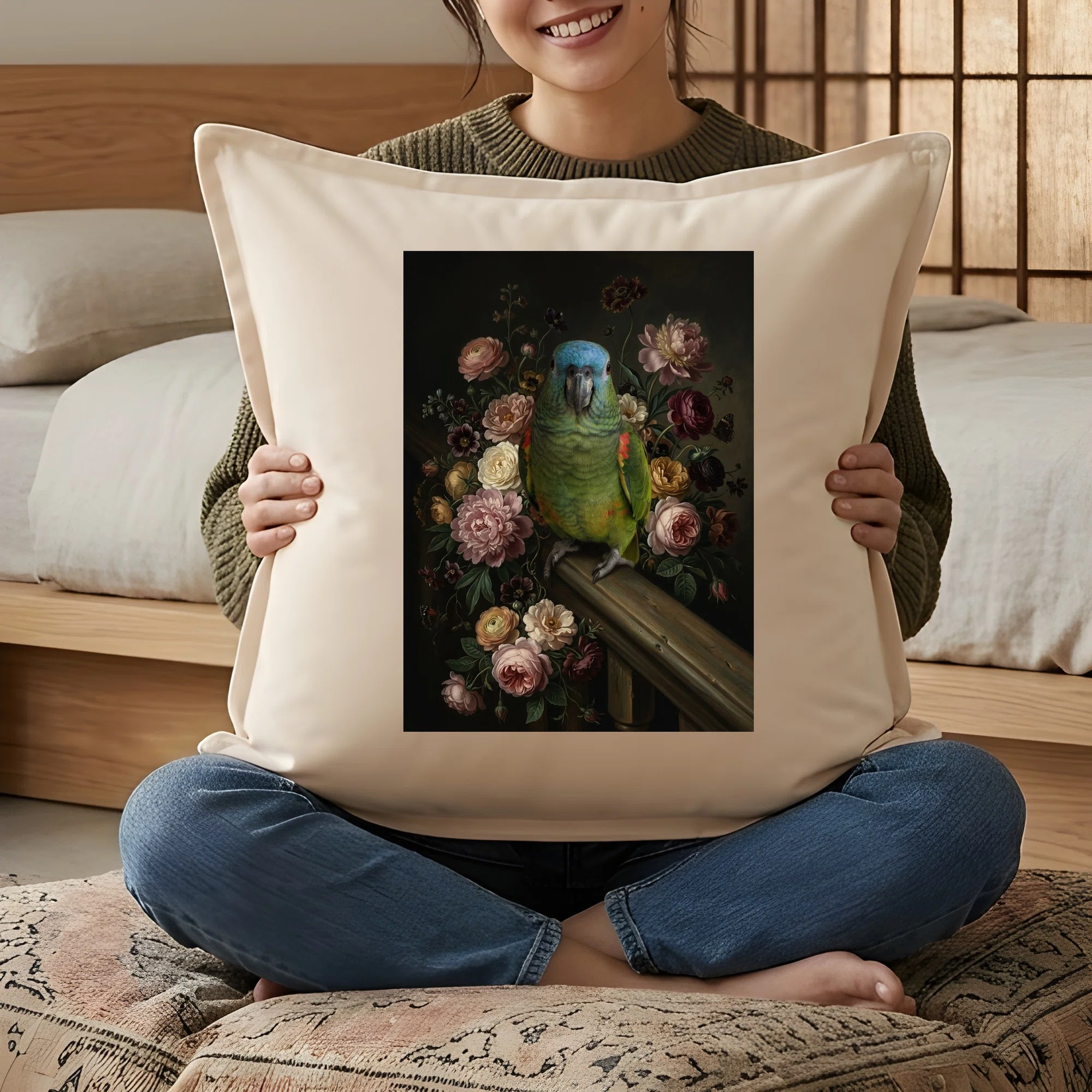Blue-fronted Amazon parrot floral oil painting style art cushion is now ...