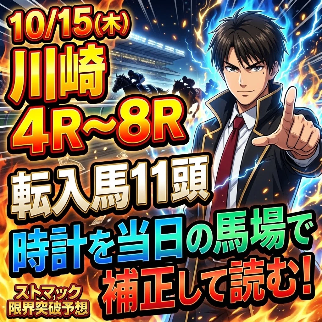 【10月15日（木）川崎4R〜8R】転入馬11頭の時計を当日の馬場で補正して読む｜ストマック限界突破予想｜ストマック