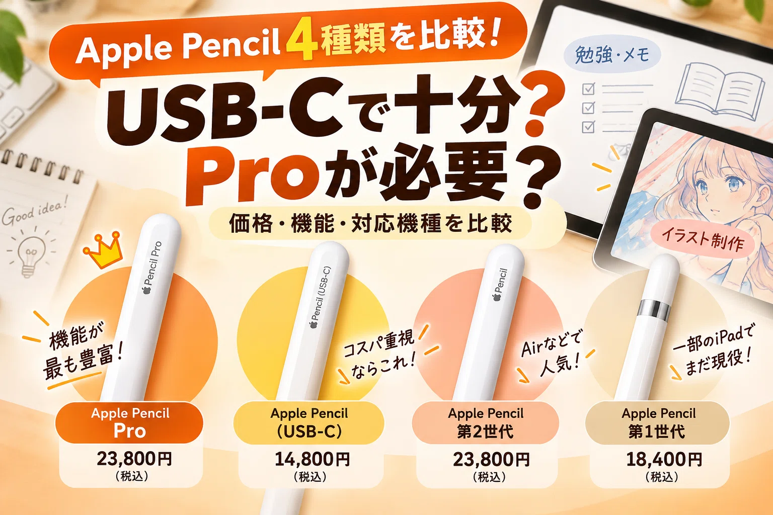 Apple Pencil比較｜4種類の違いと選び方！安いUSB-Cで十分？｜スマニア