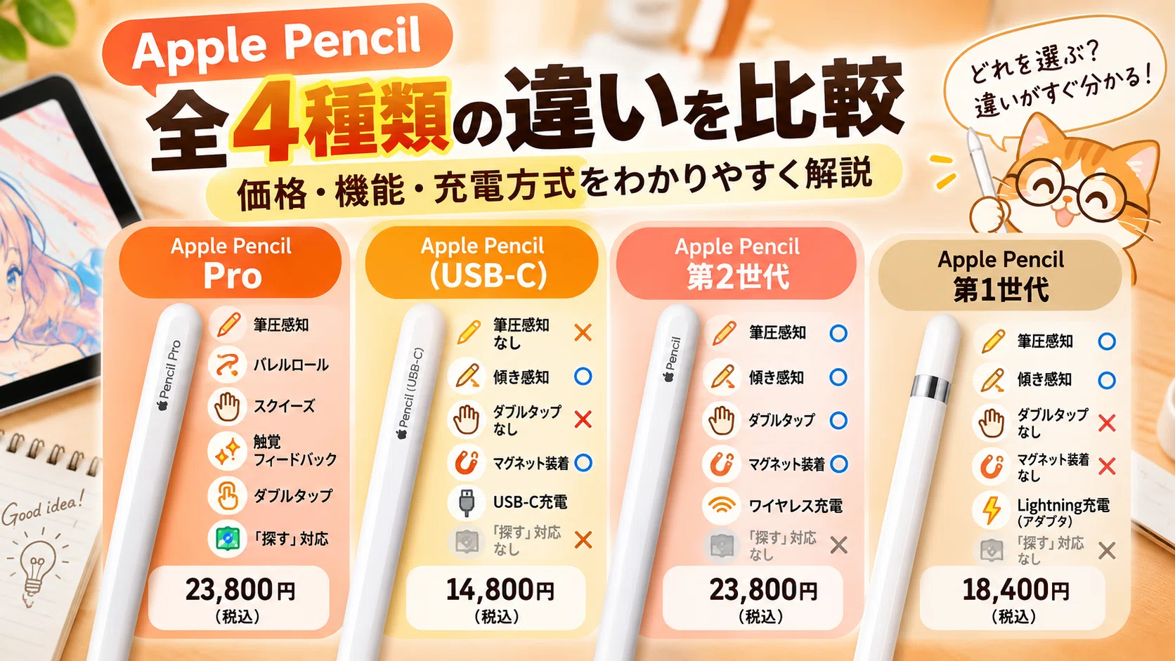Apple Pencil比較｜4種類の違いと選び方！安いUSB-Cで十分？｜スマニア