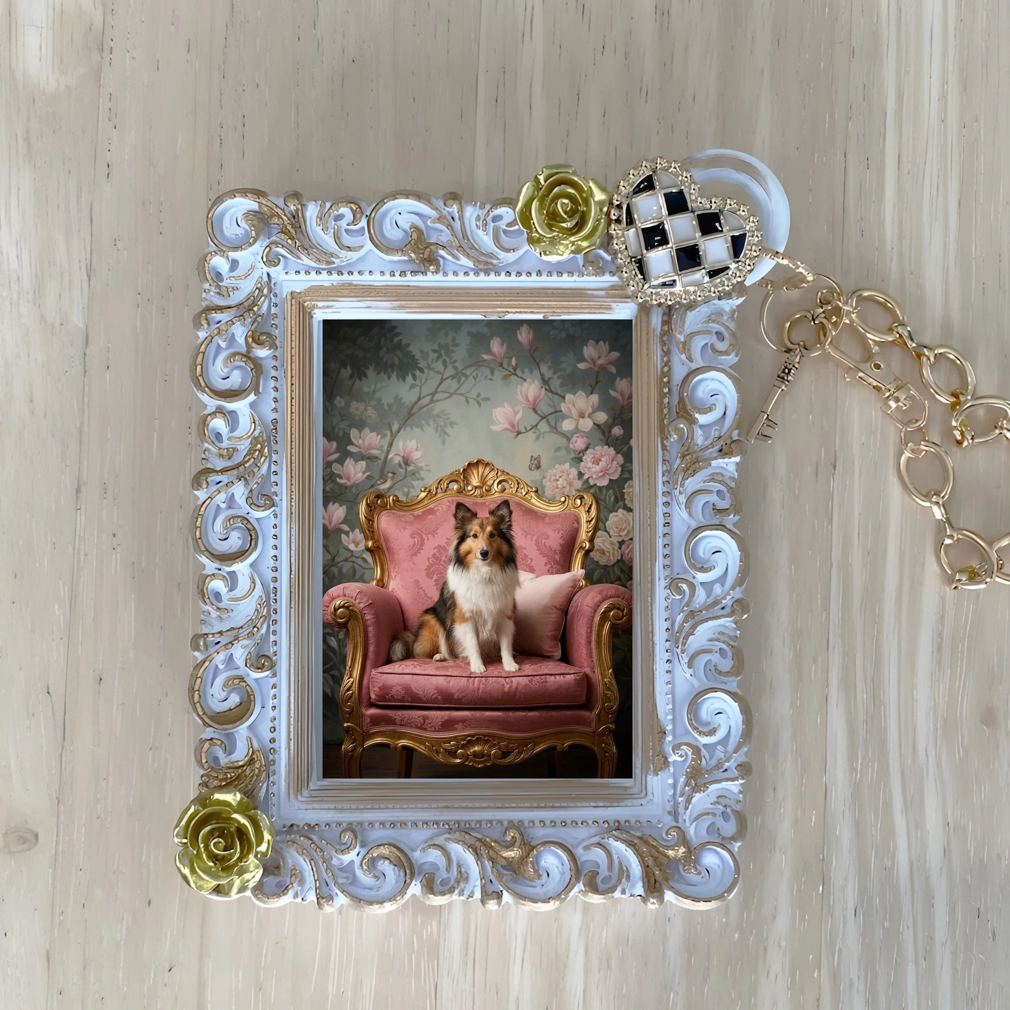A Rococo-style shabby pink bag charm featuring a Shetland Sheepdog is ...