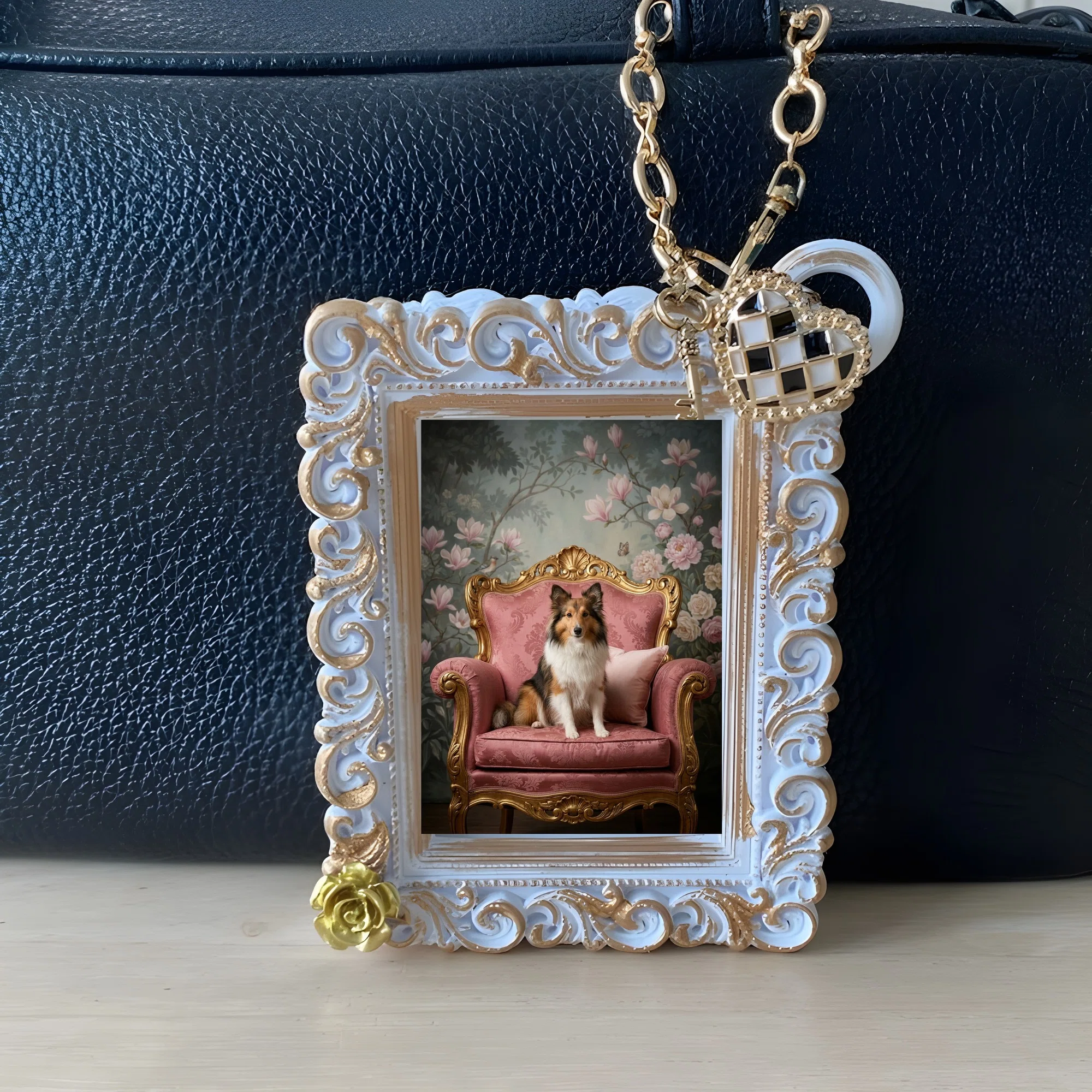 A Rococo-style shabby pink bag charm featuring a Shetland Sheepdog is ...