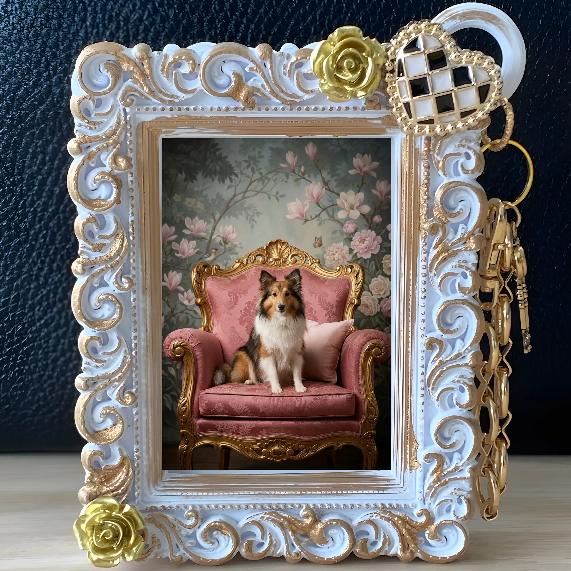 A Rococo-style shabby pink bag charm featuring a Shetland Sheepdog is ...