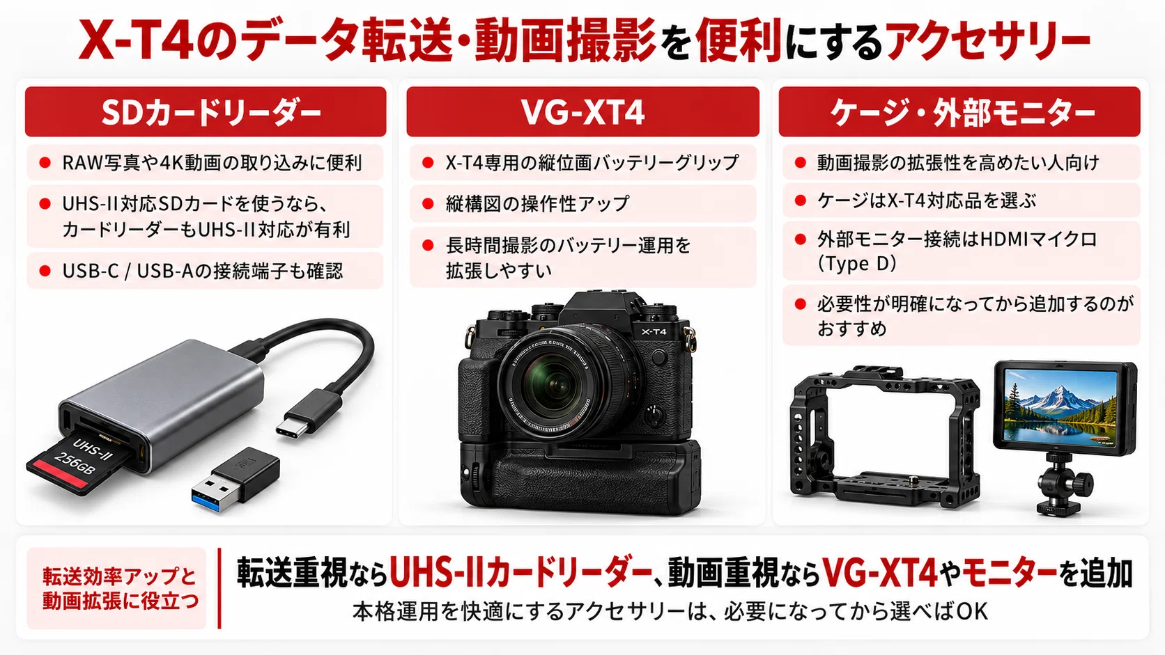 X-T4のおすすめアクセサリー4選｜SDカード・液晶保護・充電器と必要な