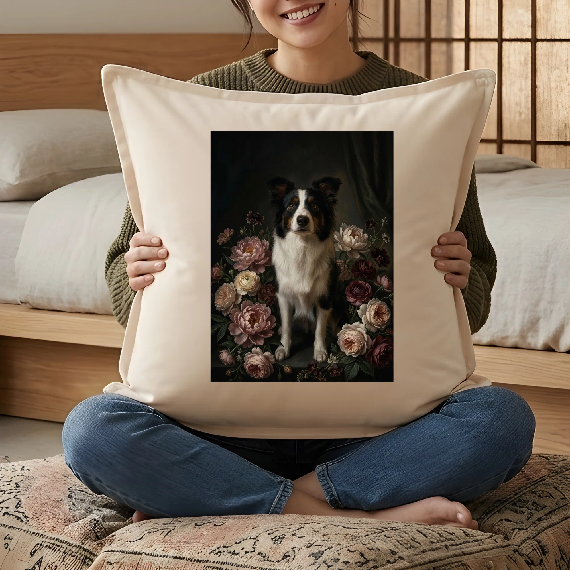 Border Collie floral oil painting style art cushion is now available ...