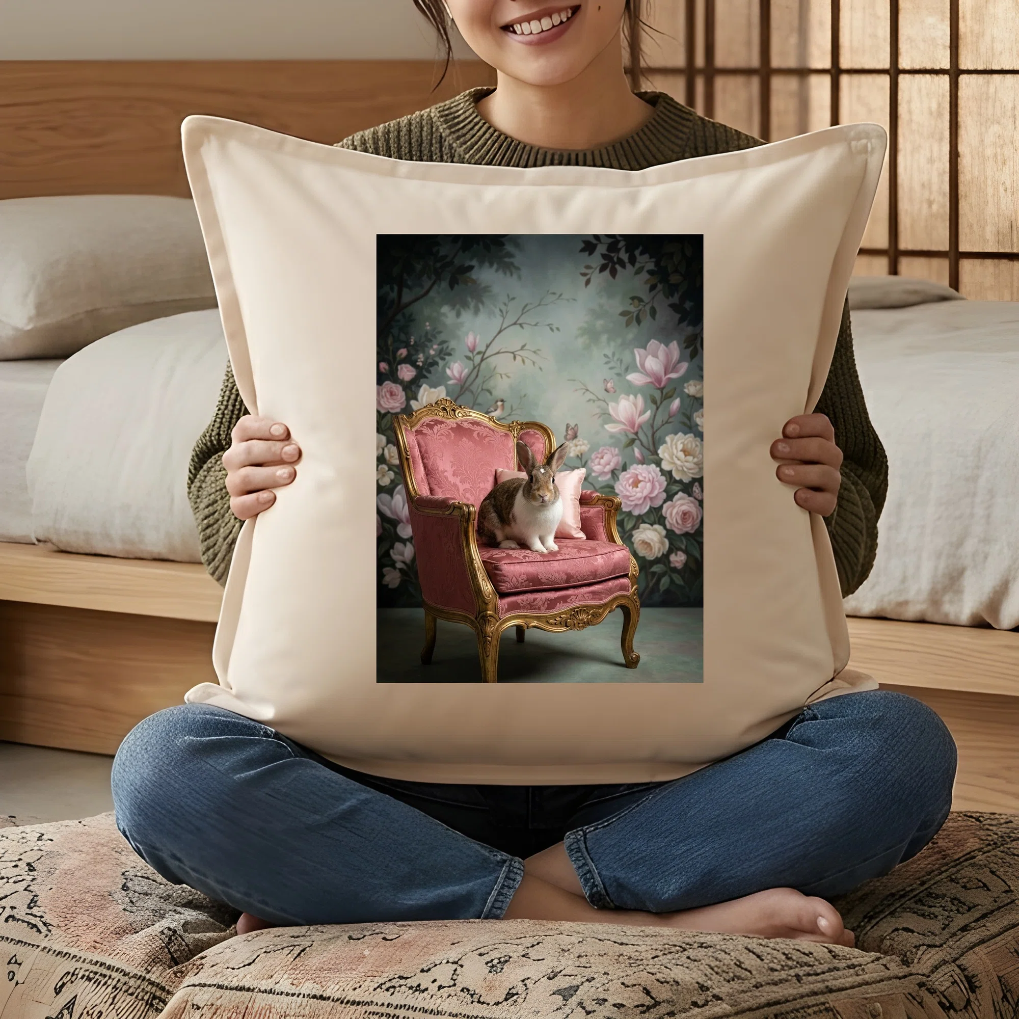 Our American rabbit Rococo-style shabby pink cushion is now available ...