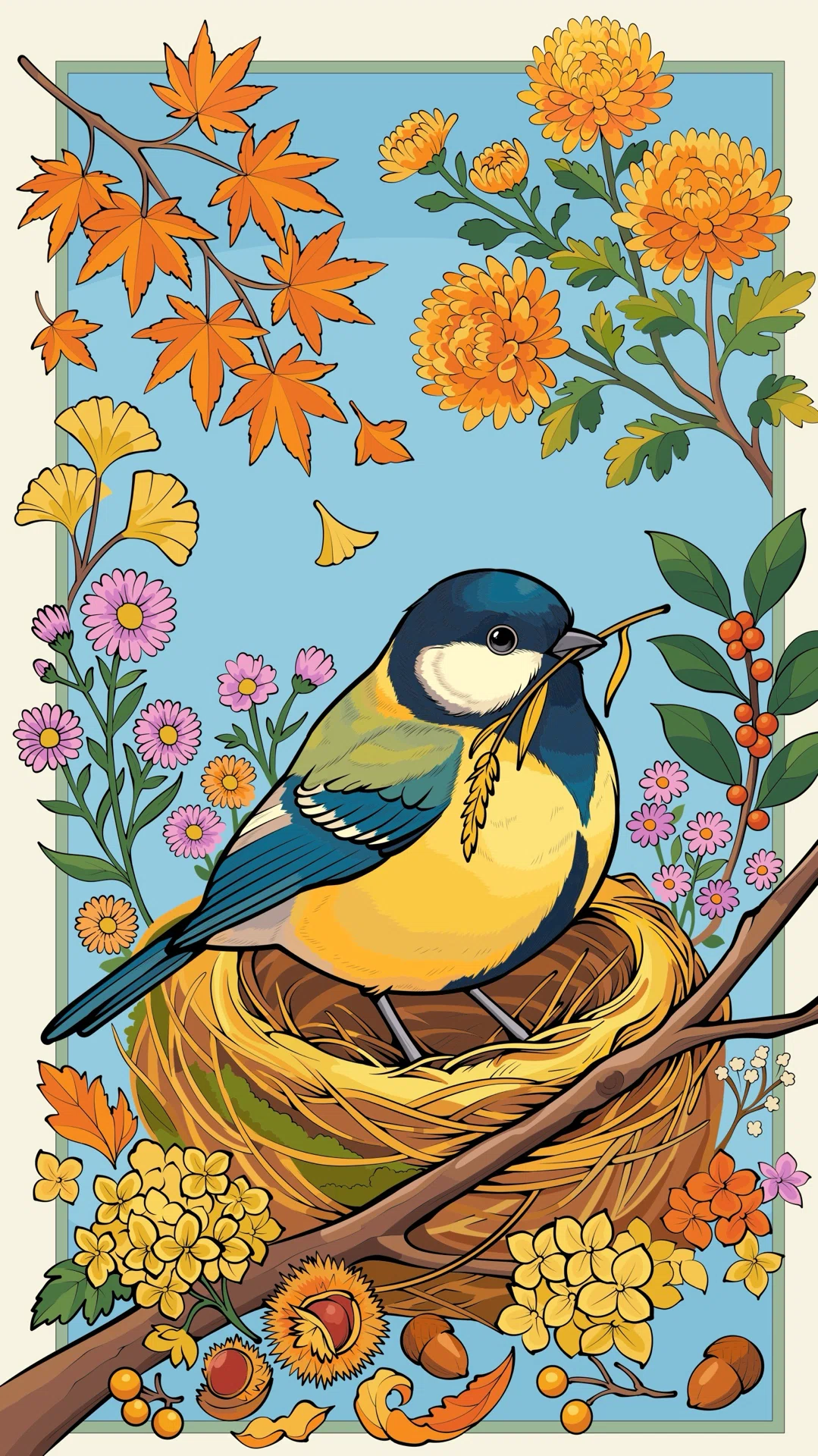 [Coloring] Great Tit on a Nest and the Colors of Autumn｜HINAKA 塗り絵アカウント