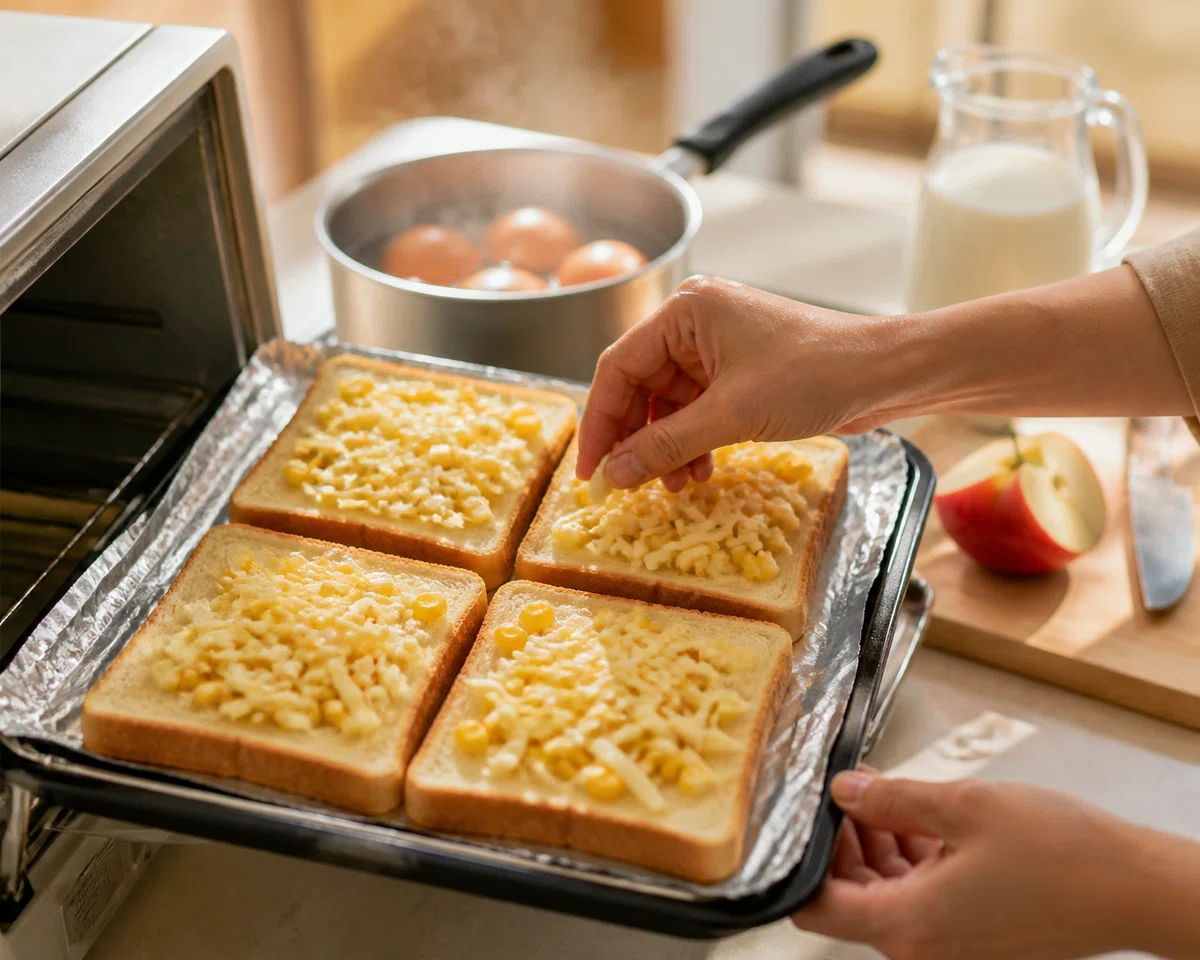 [Breakfast | 10/19 (Mon)] Cheese and Corn Toast, Boiled Egg, Apple ...
