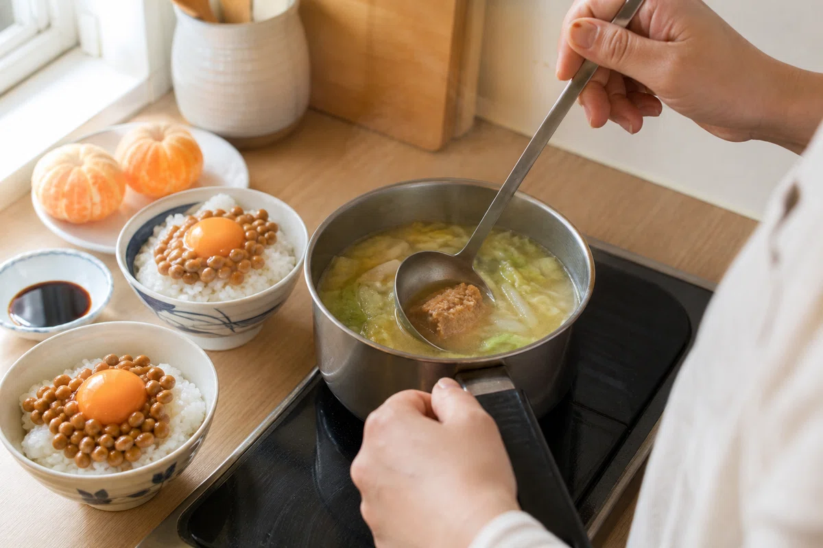 [Breakfast | 10/20 (Tue)] Natto Egg Rice, Chinese Cabbage Miso Soup ...