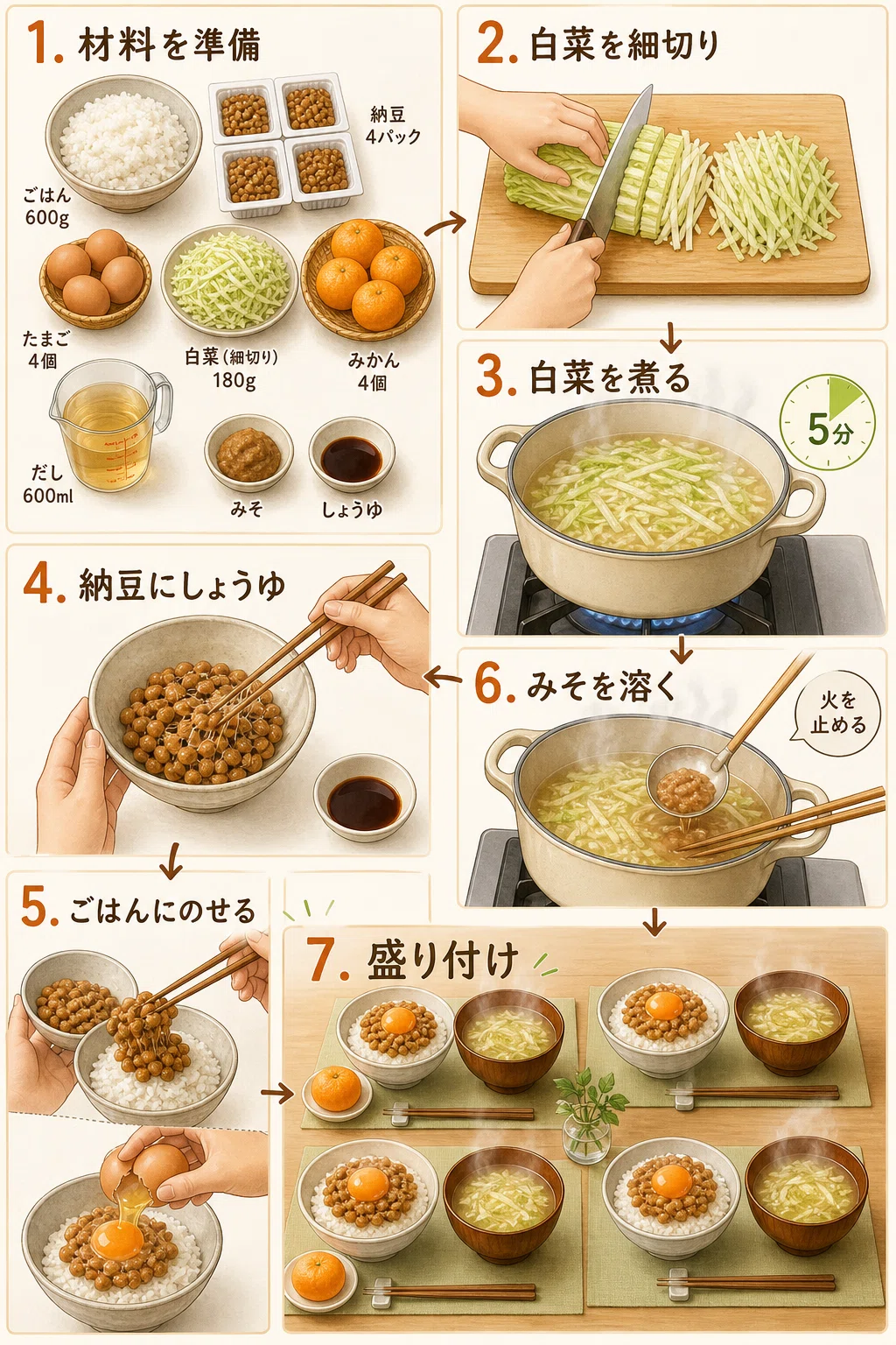 [Breakfast | 10/20 (Tue)] Natto Egg Rice, Chinese Cabbage Miso Soup ...