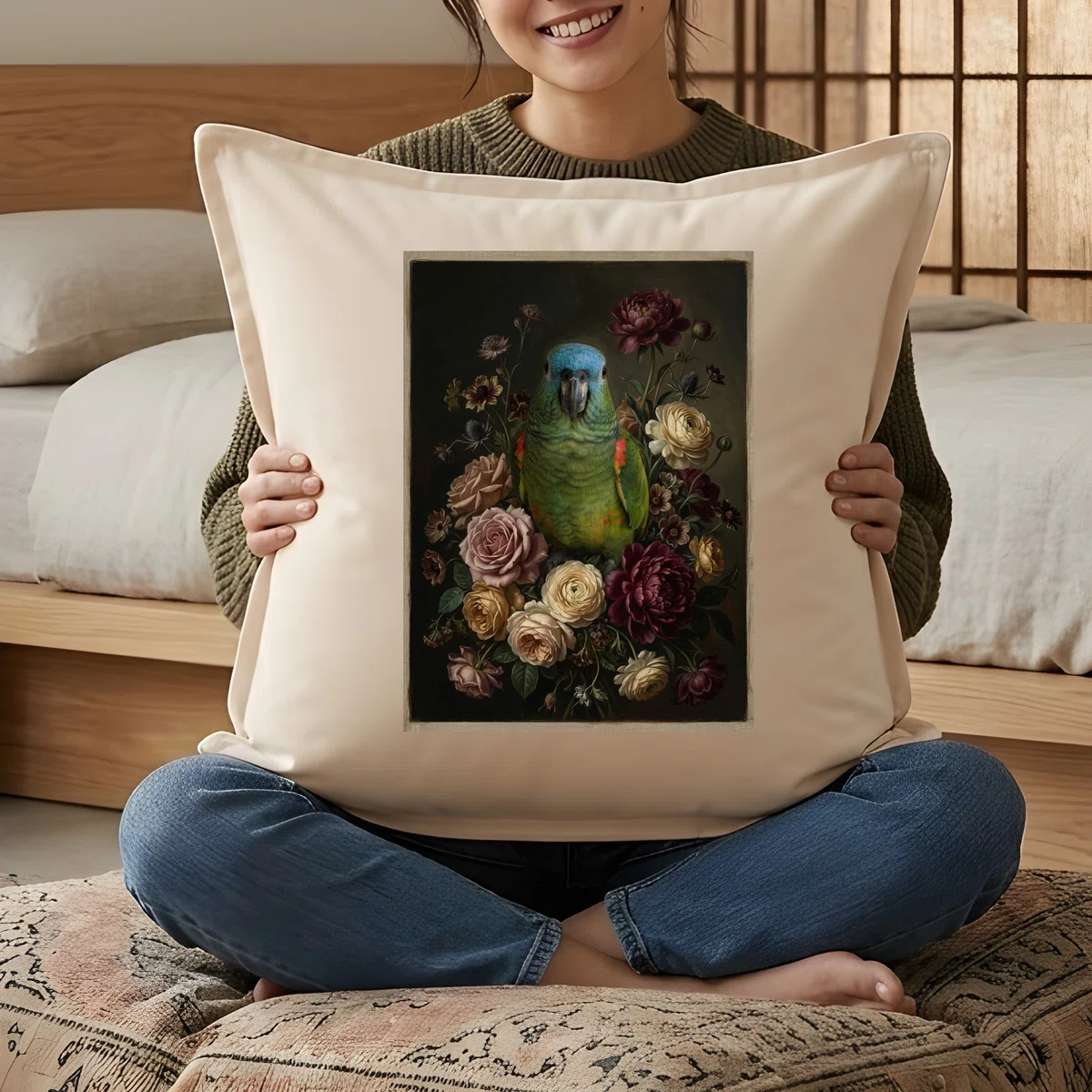 Parrot Colouring In Our Blue-fronted Amazon parrot flower oil painting style art cushion is ...