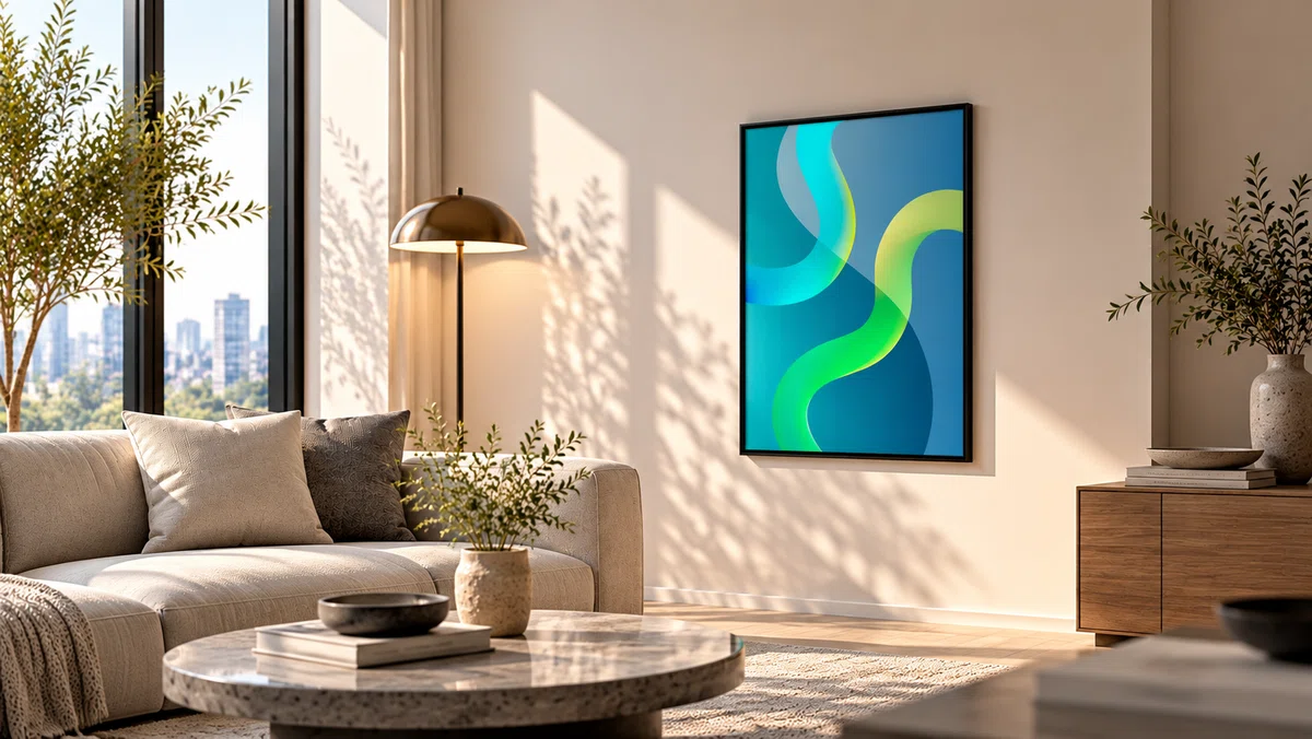 Creating a calm room even with colorful art. Interior design balanced ...