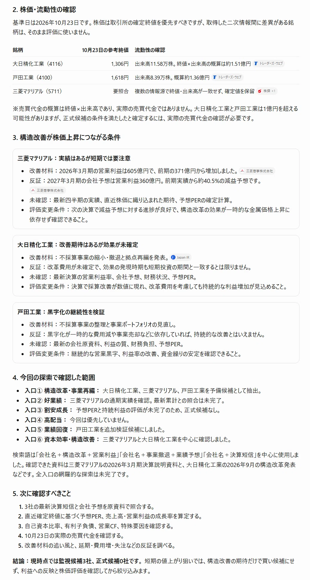 Not Testable Questions Mitsubishi Materials (5711) came up as a candidate, so I had it ...