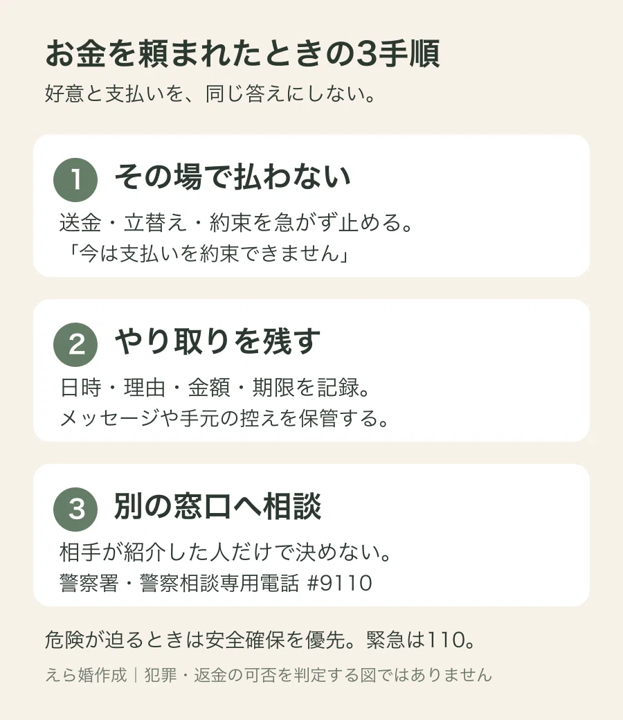 お金の依頼を受けたときの、支払い停止・記録・別の窓口への相談を示す説明図