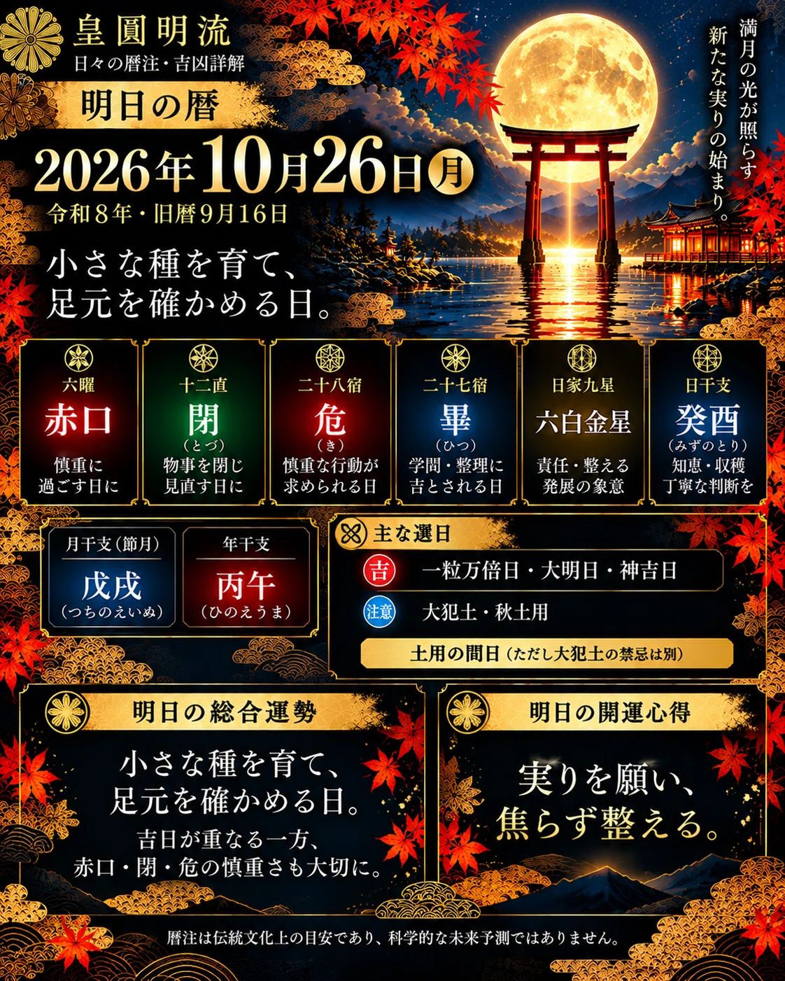Kinsei Venus Detailed Calendar Notes for Monday, October 26, 2026|陰陽師 皇圓明流