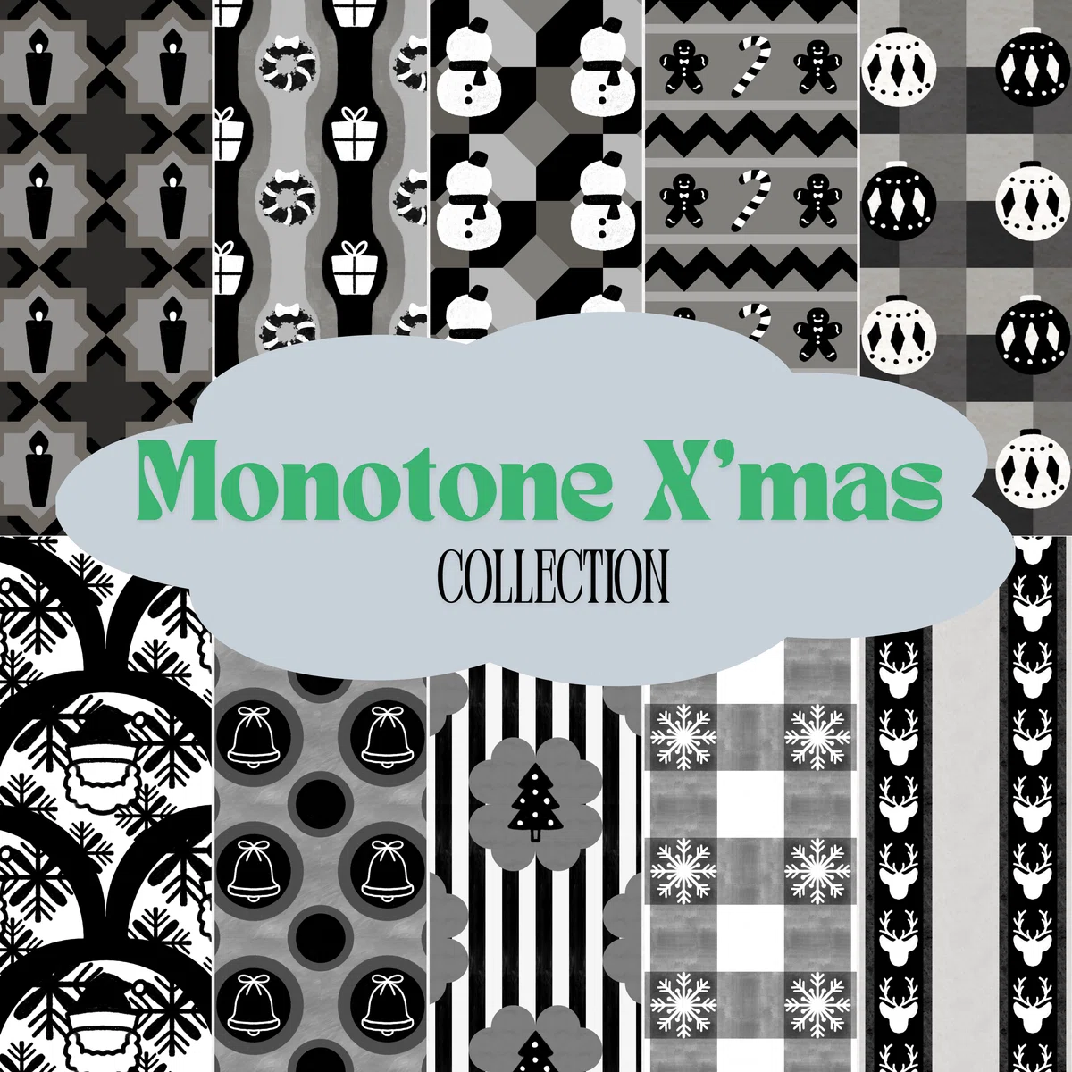 [Digital Paper] Monotone Christmas Pattern Set | Wrapping, Collage ...