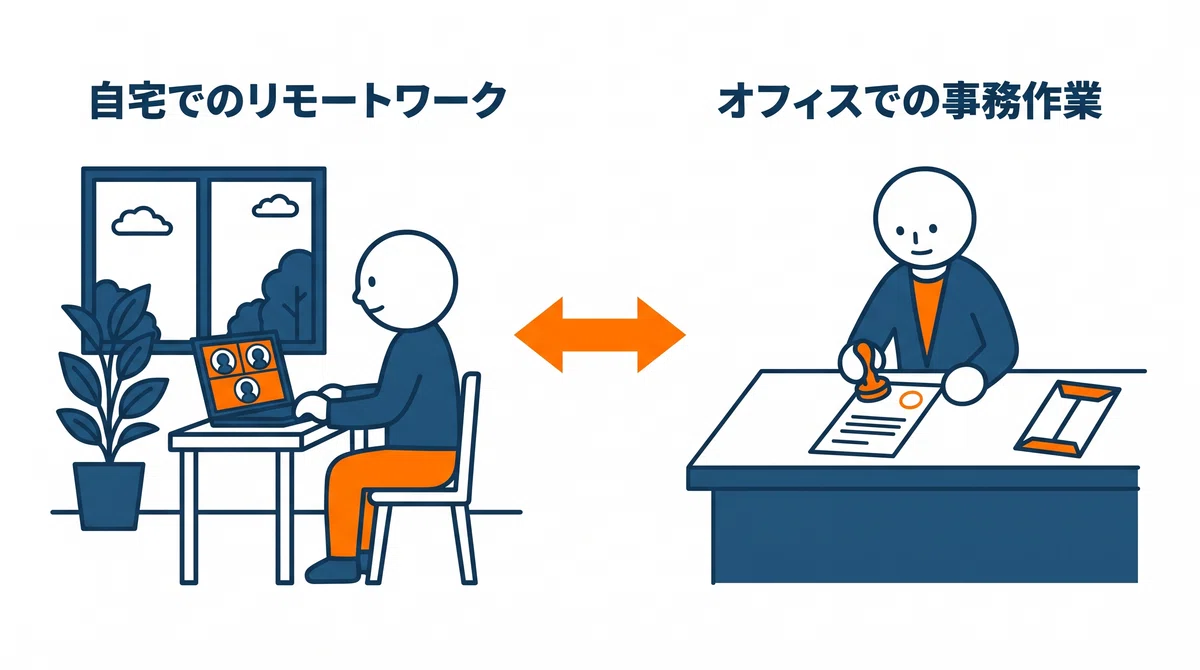 An illustration showing a person participating in an online meeting at a desk at home on the left, a person stamping documents at an office on the right, and a double-headed arrow connecting the two