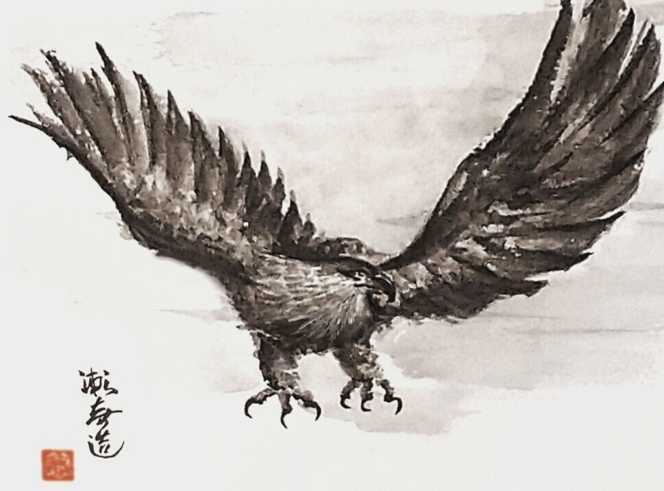水墨画鷹松