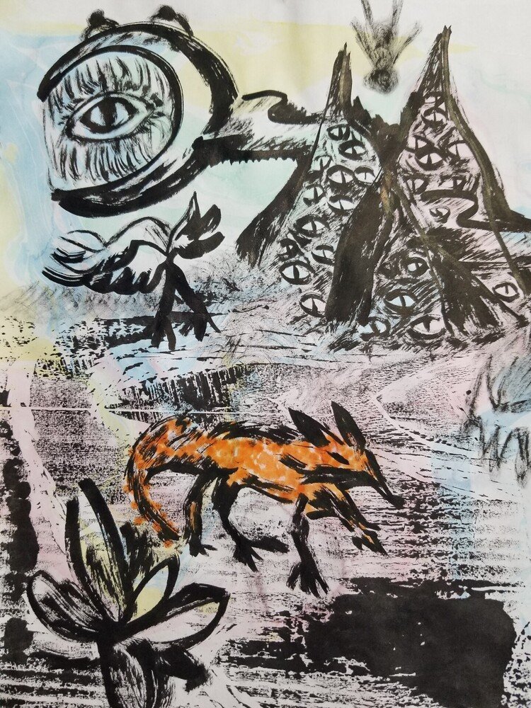  試し刷りした版画 にインクと筆で上書き乾いたあとにマーブリング
狐はオレンジのマーブリングインクで綿棒で着色