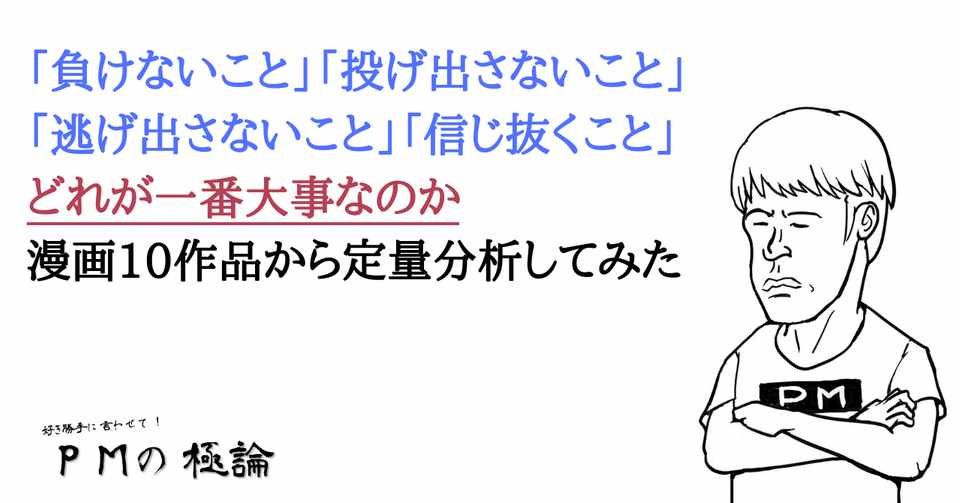 負けないこと 投げ出さないこと 逃げ出さないこと 信じ抜くこと どれが一番大事なのか漫画10作品から定量分析してみた 岡シャニカマ Note