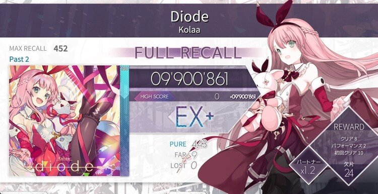 紅ちゃんのストーリー解禁のため、マップを走ってゲットした「Diode」。なんと初見でフルコンするという快挙を成し遂げました！初見フルコンは初めてだったので嬉しかったです😊(なお、このリザルト画像はスクショしたときに失敗？しちゃったので、以降のリザルト画像もこんな感じに編集してますwww)