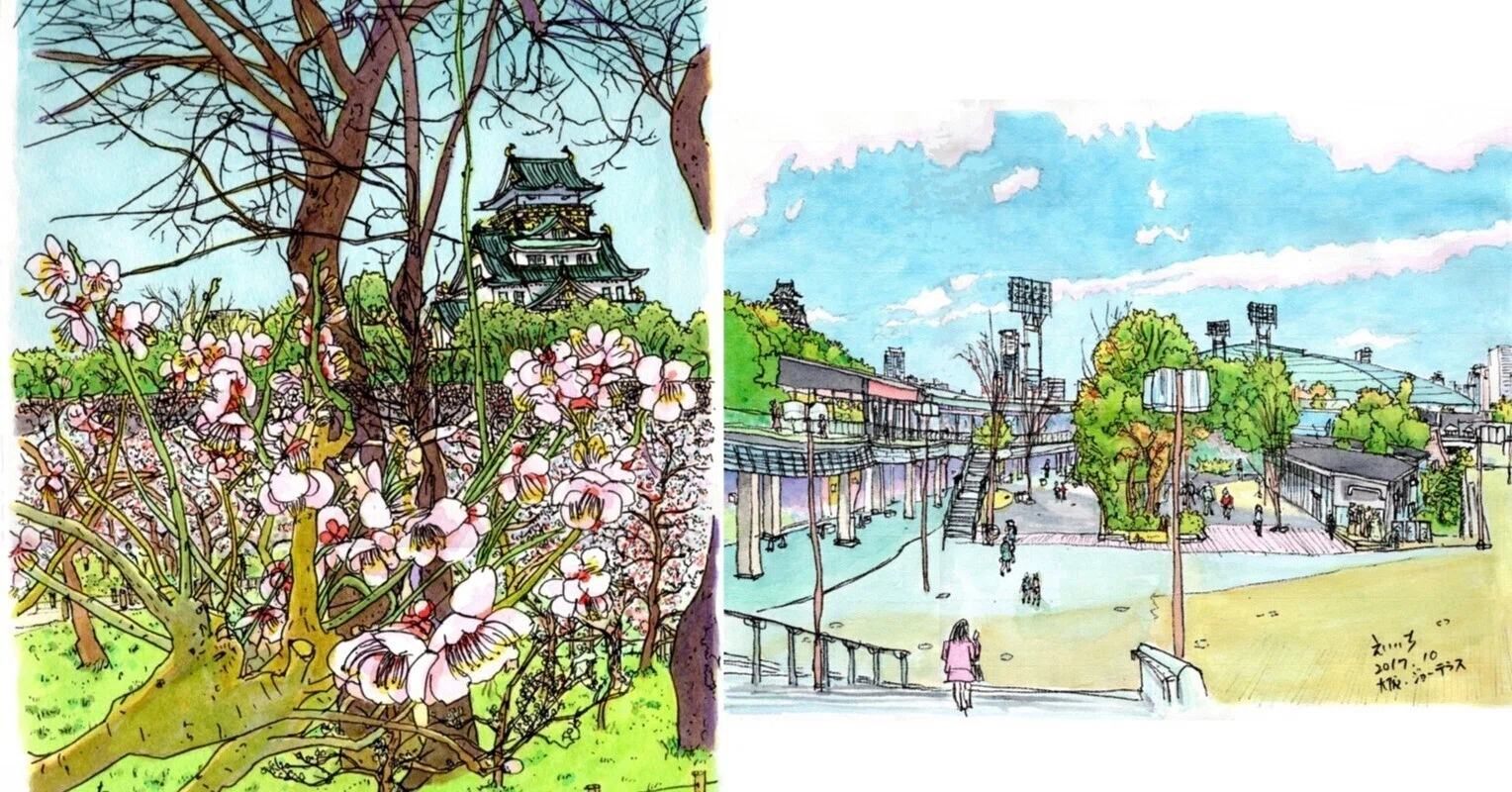 私のスケッチポイント／作品紹介あれこれ＞大阪城公園の梅林、大阪城