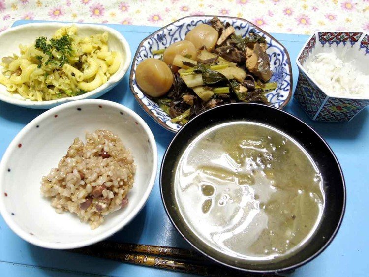 今夜はたまこんにゃくと大根葉とキクラゲと鯖缶のショウガ煮物、じゃがいもたまねぎマカロニのバジルパテの和え物、しらす大根おろし、ハクサイタマネギ大根えのきとかのお味噌汁、ご飯です。