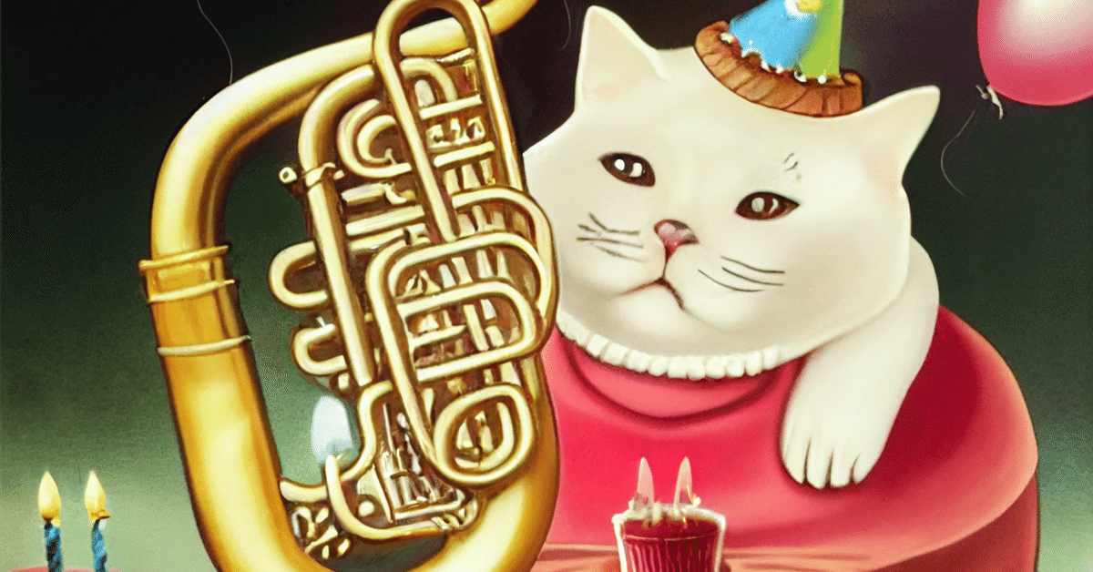 Smile　トランペットを持つ猫の絵 猫のラムちゃん日記「貴族のごはん」 飼い猫の思い出を忘れない