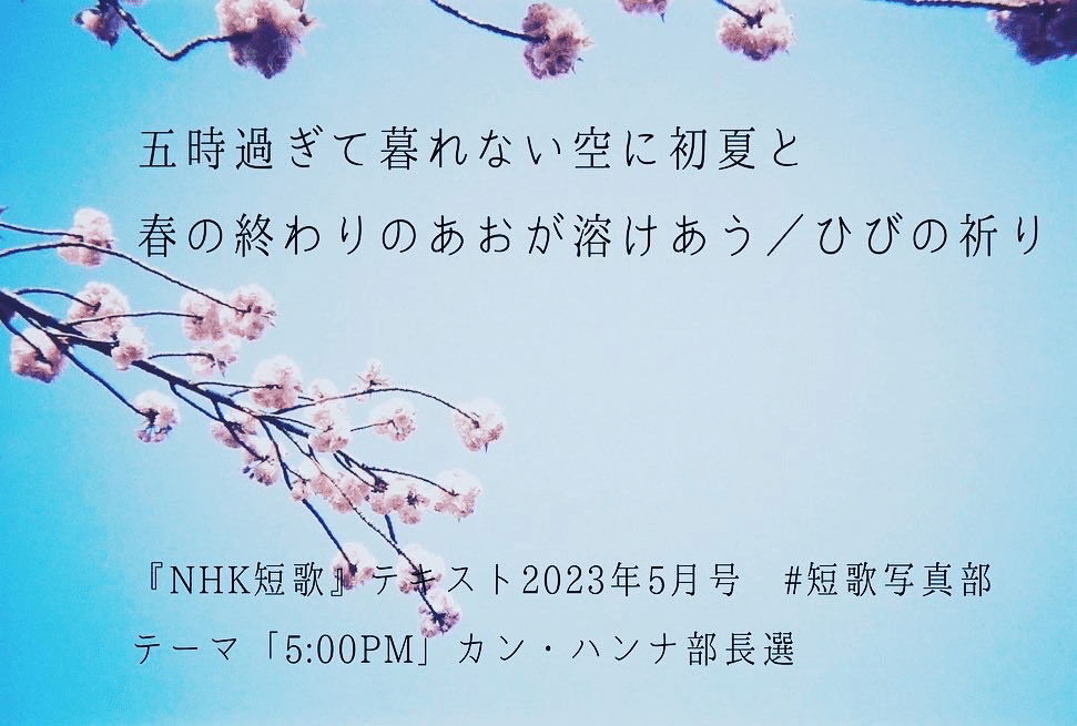 NHK短歌』テキスト2023年5月号 #短歌写真部 テーマ「5:00PM」に掲載していただきました。｜ひびのはなばな（ひびの祈り）