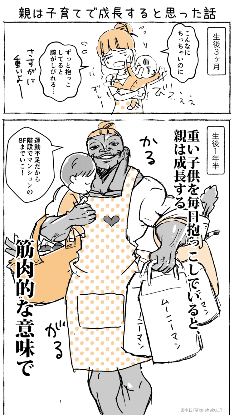 赤ちゃんが生まれてしばらくは抱っこしているだけで腕がしびれて辛かったのに、一歳をすぎたあたりから大量の買い物と子供を一気に抱えて家まで運べる体力が自然とついていたことから、子育てを通じて気がつかないうちに筋トレになっていたのかなと思いました