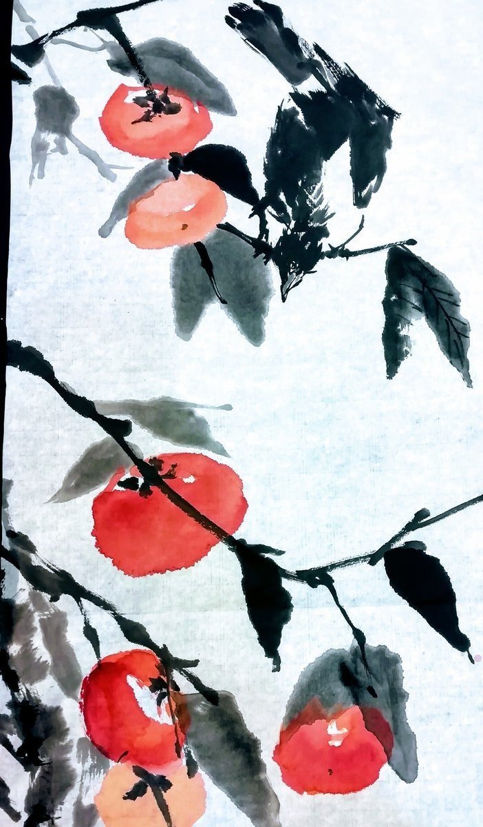 水墨画、カラスと柿。これは上半分。実際はこの倍の長さの絵でもう一匹 水墨画、カラスと柿。これは上半分。実際はこの倍の長さの絵でもう一匹