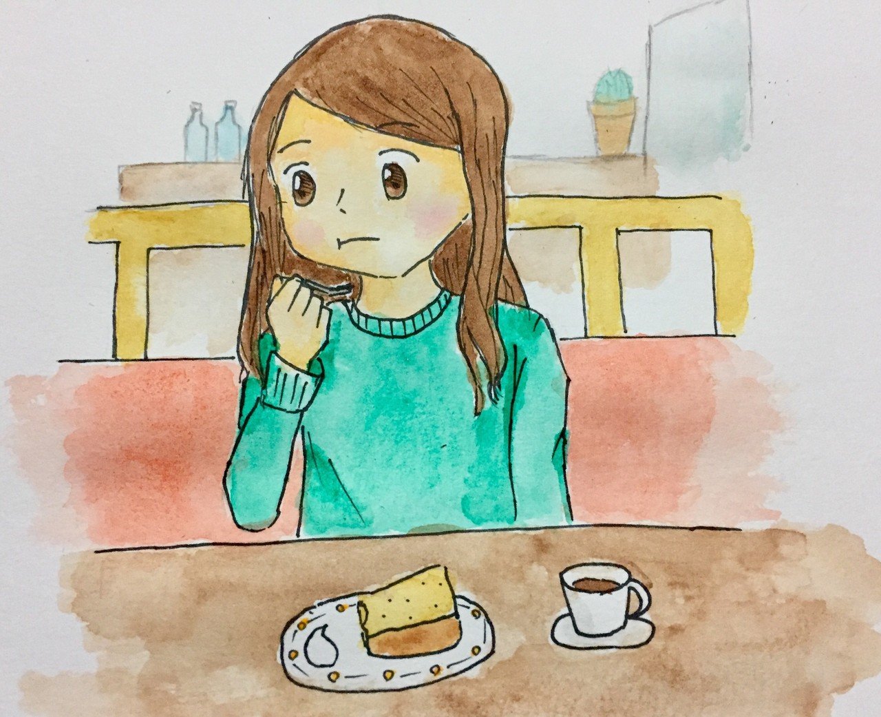 カフェでお茶する女の子 絵描きさんと繋がりたい イラスト カフェ 女の子 おやつ 水彩 模写 まほ Note
