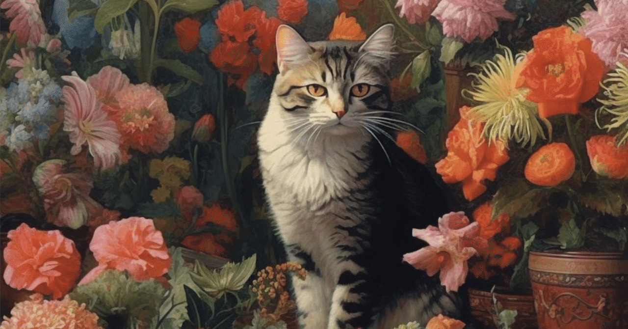 AI猫写真 vol.30 部屋の中で花に囲まれる（シンプルプロンプト