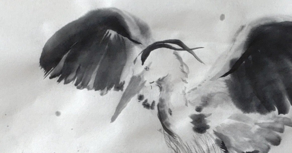 アオサギ、墨で躍る。｜KaoRu IsjDha