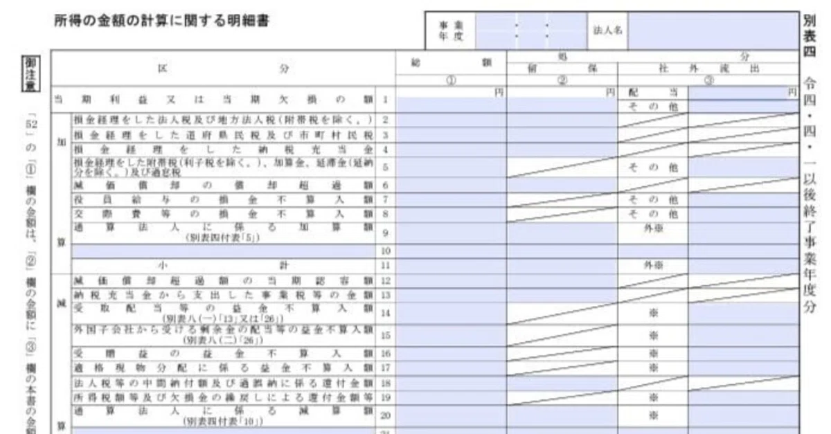 入力用PDF】別表四 所得の金額の計算に関する明細書(令和4年4月1日以後 