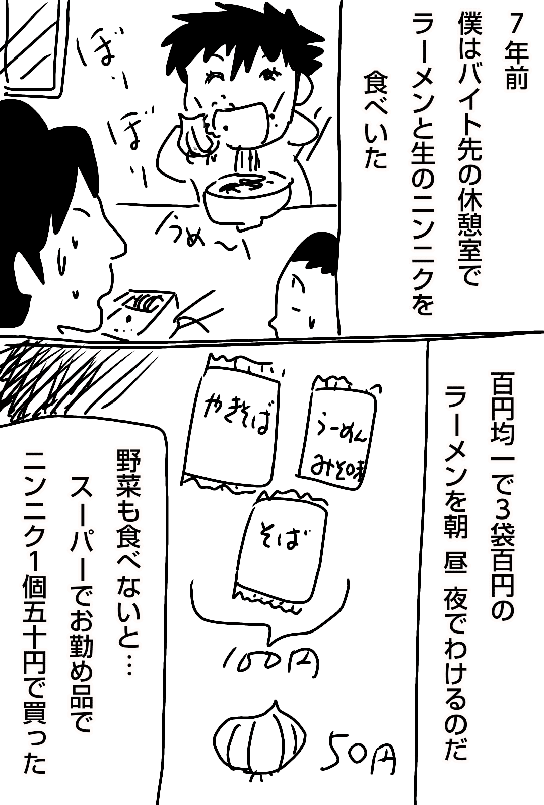 これは ある貧しい絵描きの哀しくも切ない くさい物語であった 追記この後腹痛になった記憶がある 生ニンニクはかじらない方がいいかもしれません 真似しないで下さいね 内藤伸二 漫画家 Note